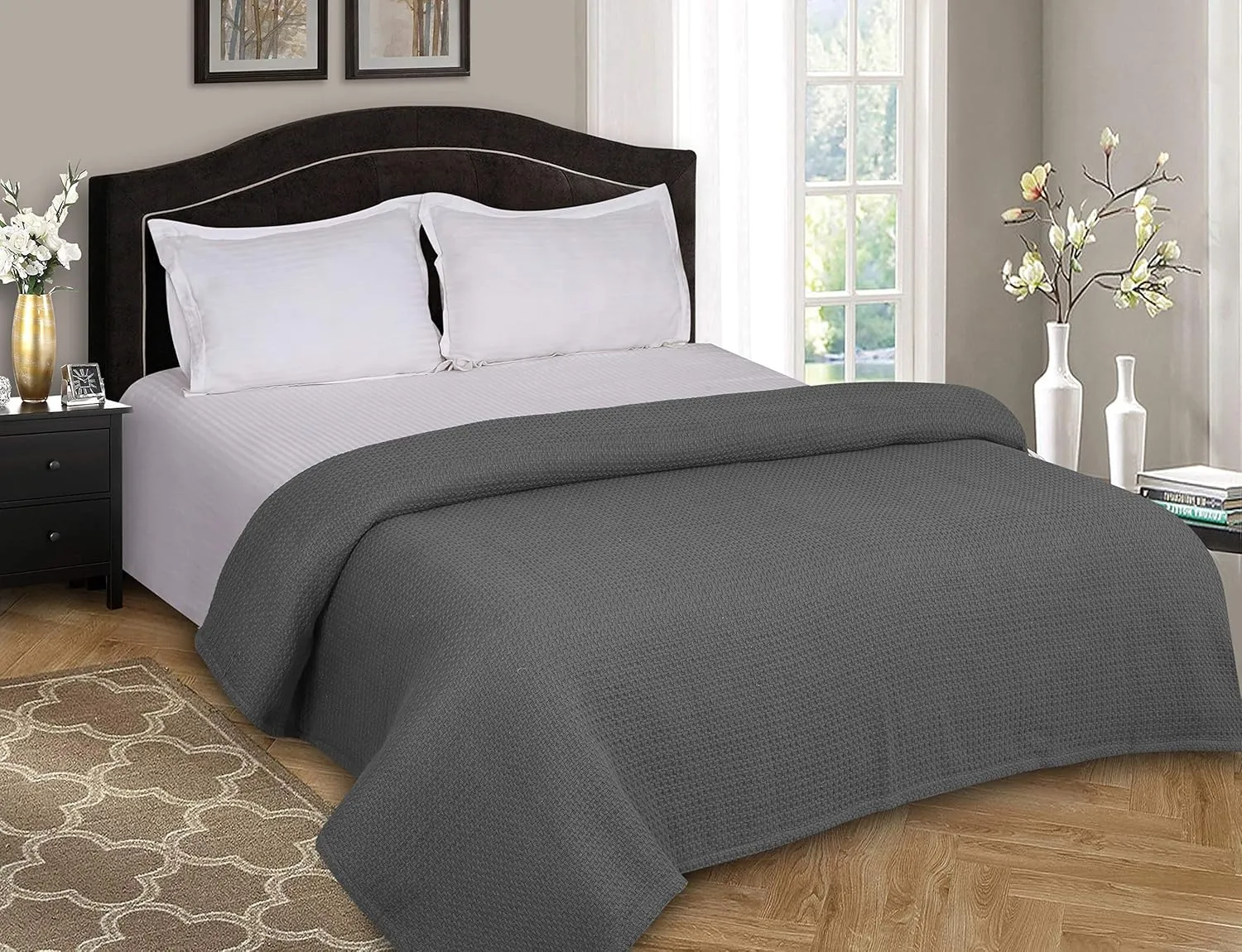 BELIZZI HOME 100% Cotton Bed Blanket, Breathable Bed Blanket Full Queen Size, Cotton Thermal Blankets, Perfect for Layering Any Bed for All Season, Charcoal Grey