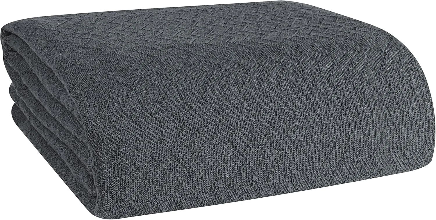 BELIZZI HOME 100% Cotton Bed Blanket, Breathable Thermal Blanket Twin Size, Soft Chevron 60 inch x90 , Perfect for Layering Any All Season, Charcoal Grey