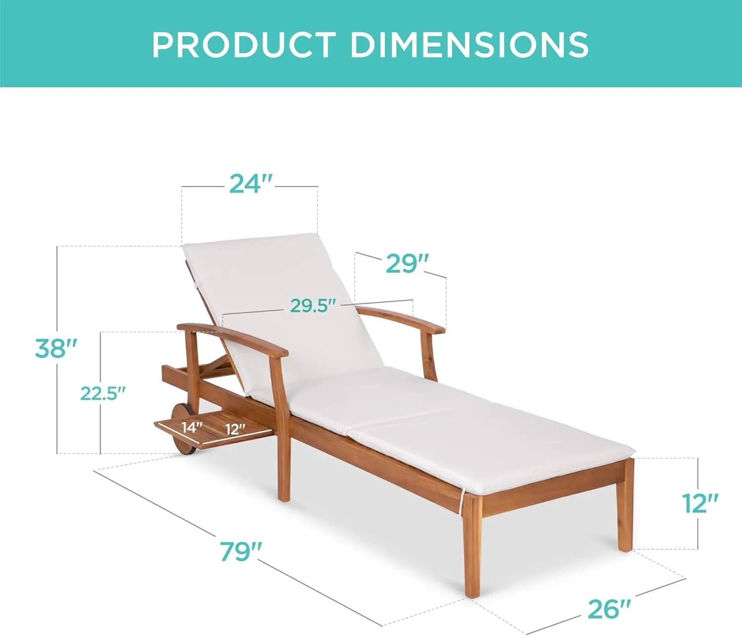 Best Choice Products 79x26in Acacia Wood Chaise Lounge Chair Recliner, Outdoor Furniture for Patio, Poolside w/Slide-Out Side Table, Foam-Padded Cushion, Adjustable Backrest, Wheels - Cream