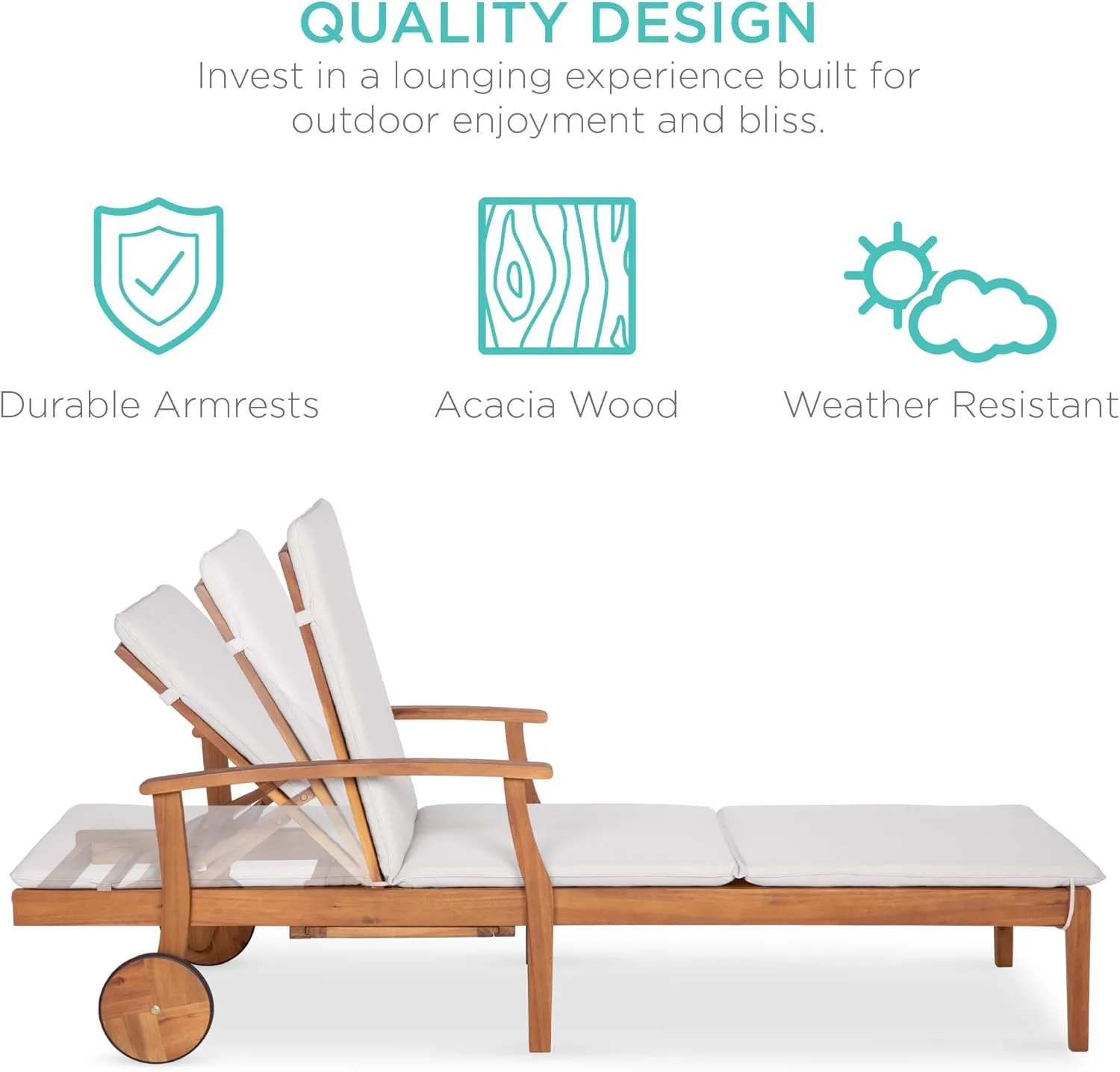 Best Choice Products 79x26in Acacia Wood Chaise Lounge Chair Recliner, Outdoor Furniture for Patio, Poolside w/Slide-Out Side Table, Foam-Padded Cushion, Adjustable Backrest, Wheels - Cream