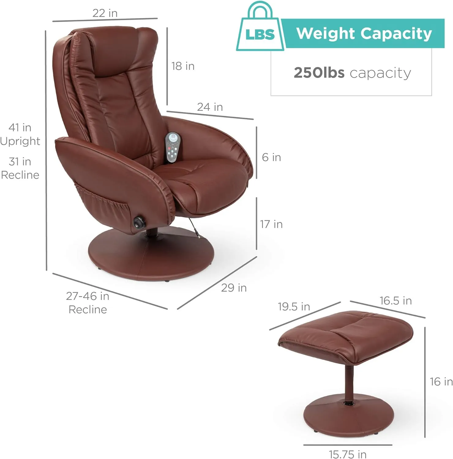 Best Choice Products Faux Leather Electric Massage Recliner w/Stool Footrest Ottoman, Remote Control, 5 Heat & Massage Modes, Side Pockets - Brown