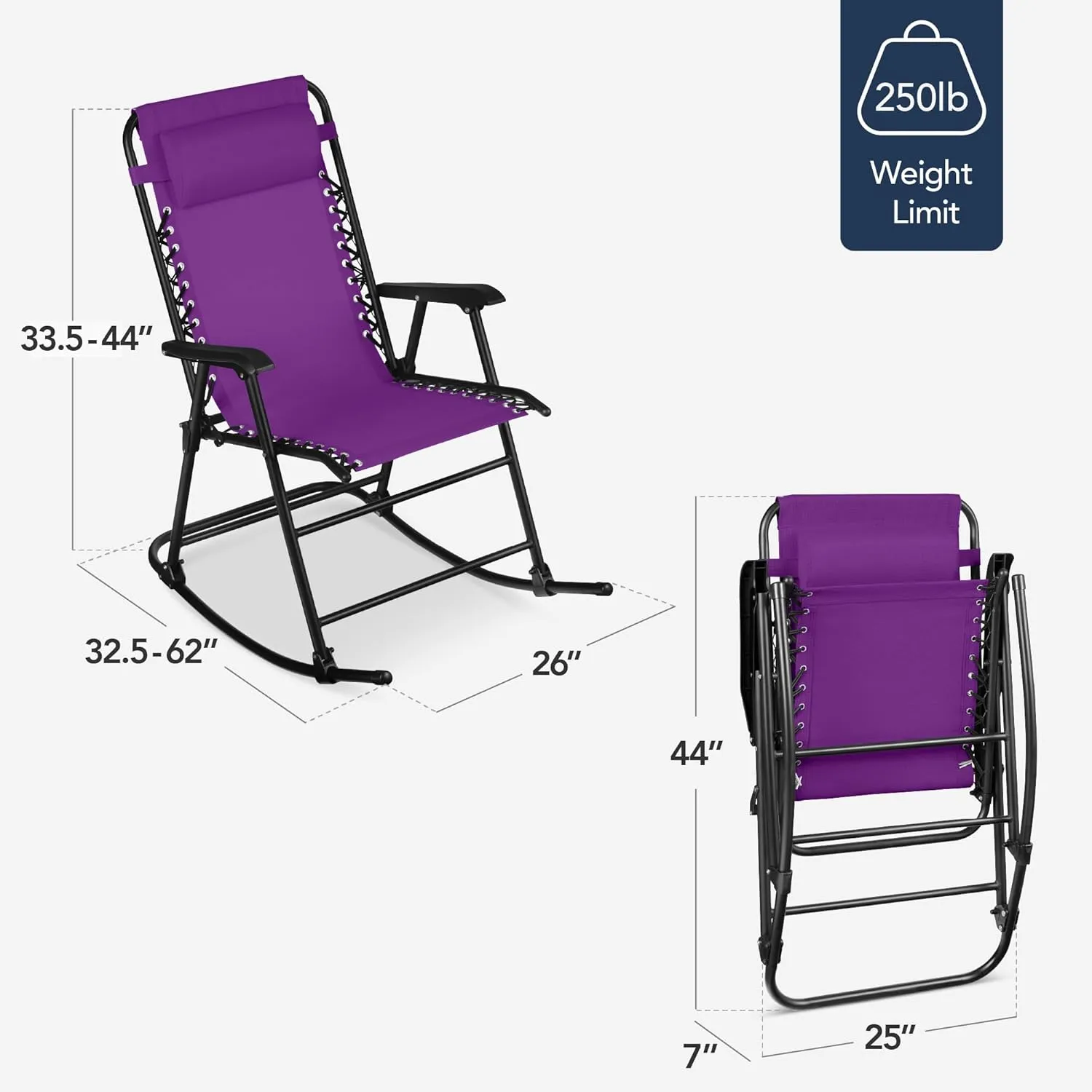 Best Choice Products Outdoor Folding Rocking Chair, Zero Gravity Lounge Chair, Patio Rocker w/Headrest Pillow - Amethyst Purple