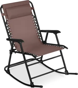 Best Choice Products Outdoor Folding Rocking Chair, Zero Gravity Lounge Chair, Patio Rocker w/Headrest Pillow - Brown