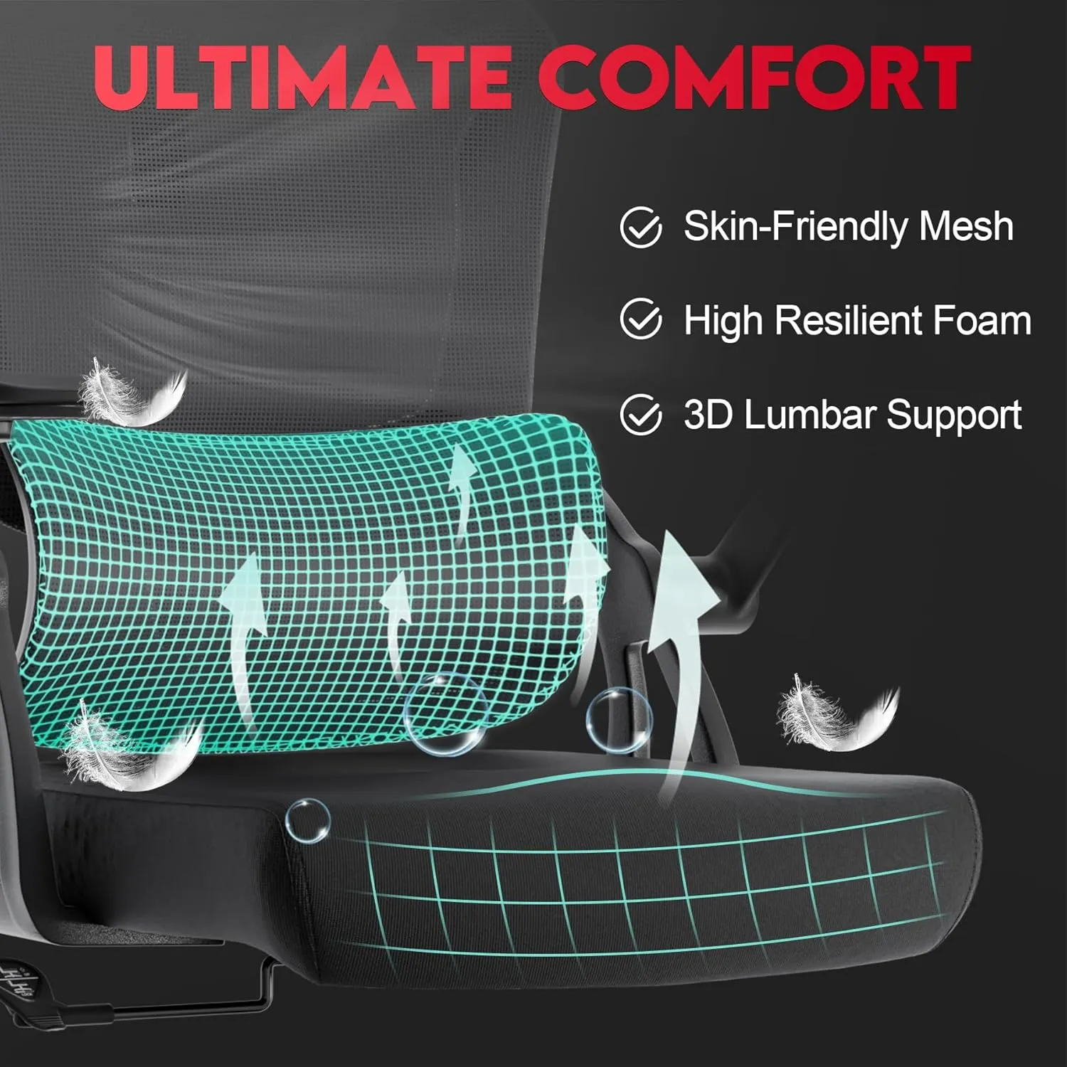 Big and Tall Ergonomic Office Chair，400LB Comfy Desk Chairs with Lumbar Back Support, Heavy Duty Mesh Computer Chairs with Wheels and Arms Comfortable for Home Office, Study, Bedroom