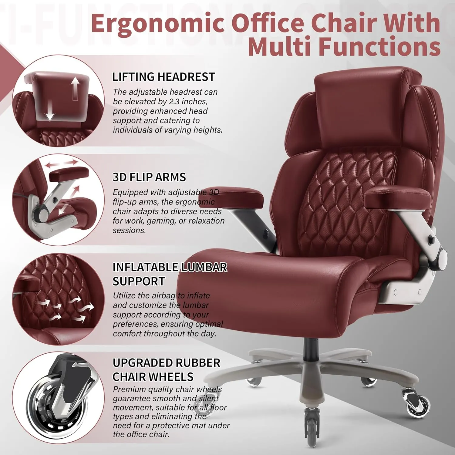 Big and Tall Office Chair 500lbs - Adjustable Headrest&Lumbar Support, 3D Flip Arms, Large Wheels &Heavy Duty Metal Base, Ergonomic High Back Computer Chair Desk Chair, Thick Padded Extra Wide Seat