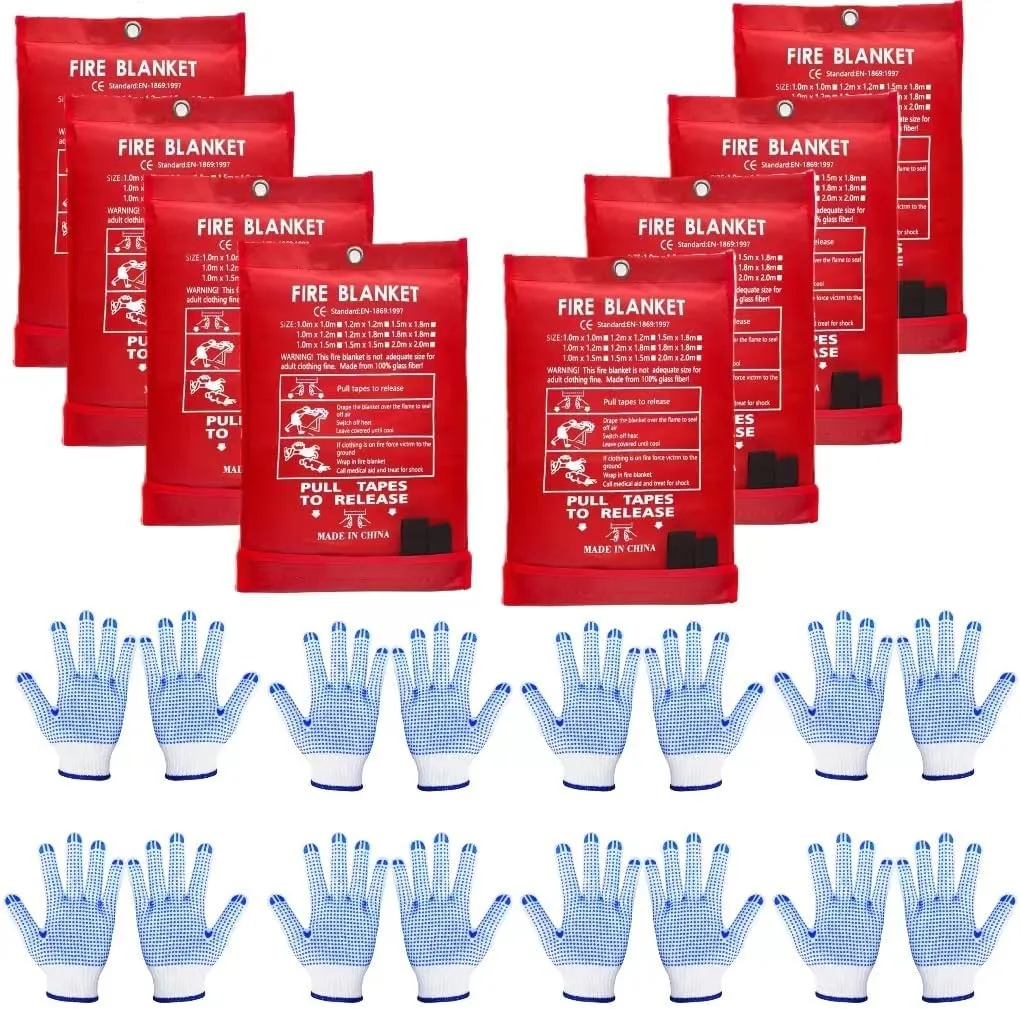 Blankets 8 Packs with Gloves. High Heat-Resistant fire Blankets for Home Security, Kitchen and Camping, Emergency fire Blankets for Home and Kitchen,