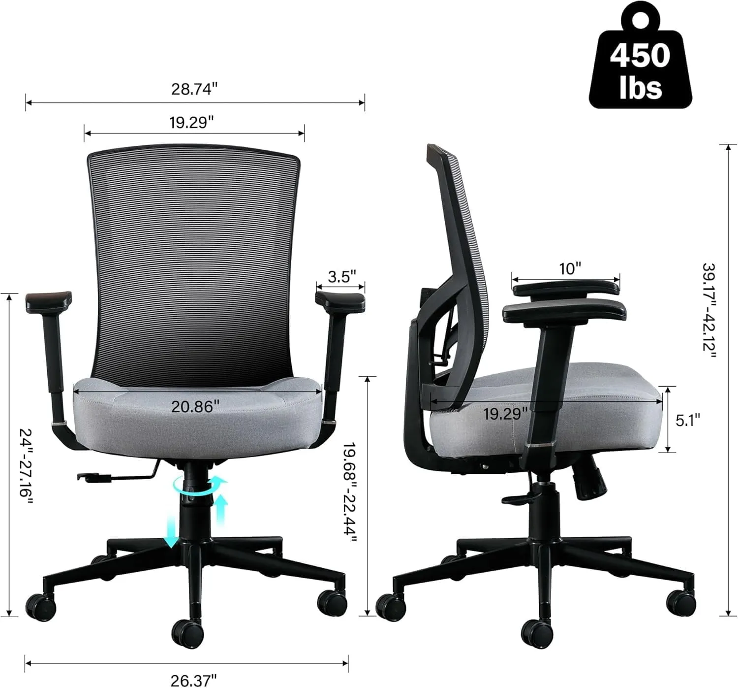 Blue Whale Big and Tall Office Chair 450lbs, Ergonomic High Back Computer Desk Chair for Heavy People with 2D Adjustable Waist Support and Heavy Duty Metal Base Mesh Chair