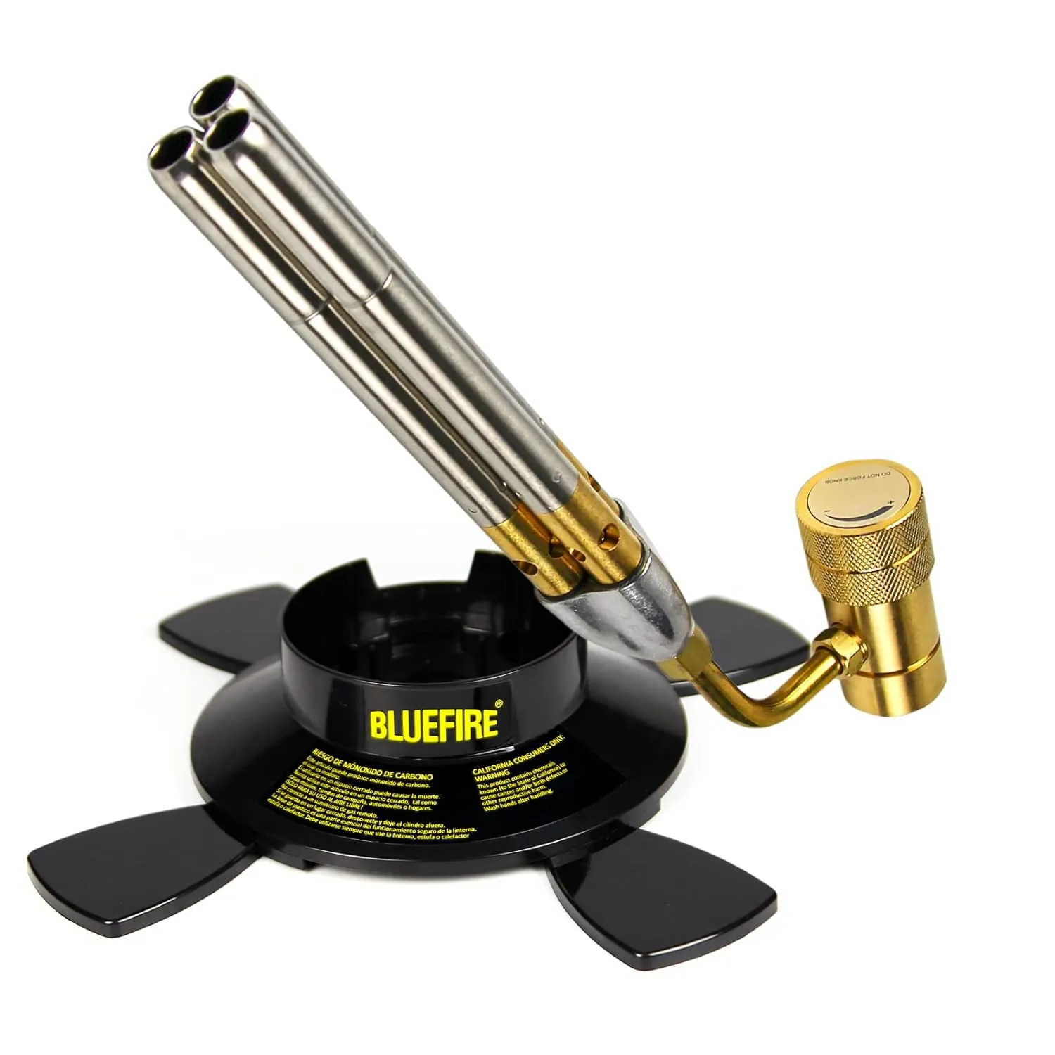 BLUEFIRE MRAS-8103 Double Flame Jet Turbo Torch Head High Output 17060 BTU Dual-Use Camping & Brazing Fuel Gas Cylinder Stand Star Shape Bottle Base Propane MAPP MAP PRO Canister Stabilizer