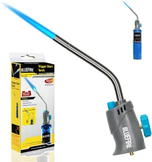 BLUEFIRE MRS-7014B Trigger Start Gas Welding Torch Head for Propane & MAP PRO Fuel,Extend 1.5" Burning Tube Nozzle Piezo Self Ignition Handhold Cylinder Soldering Brazing Triple-Point Flame