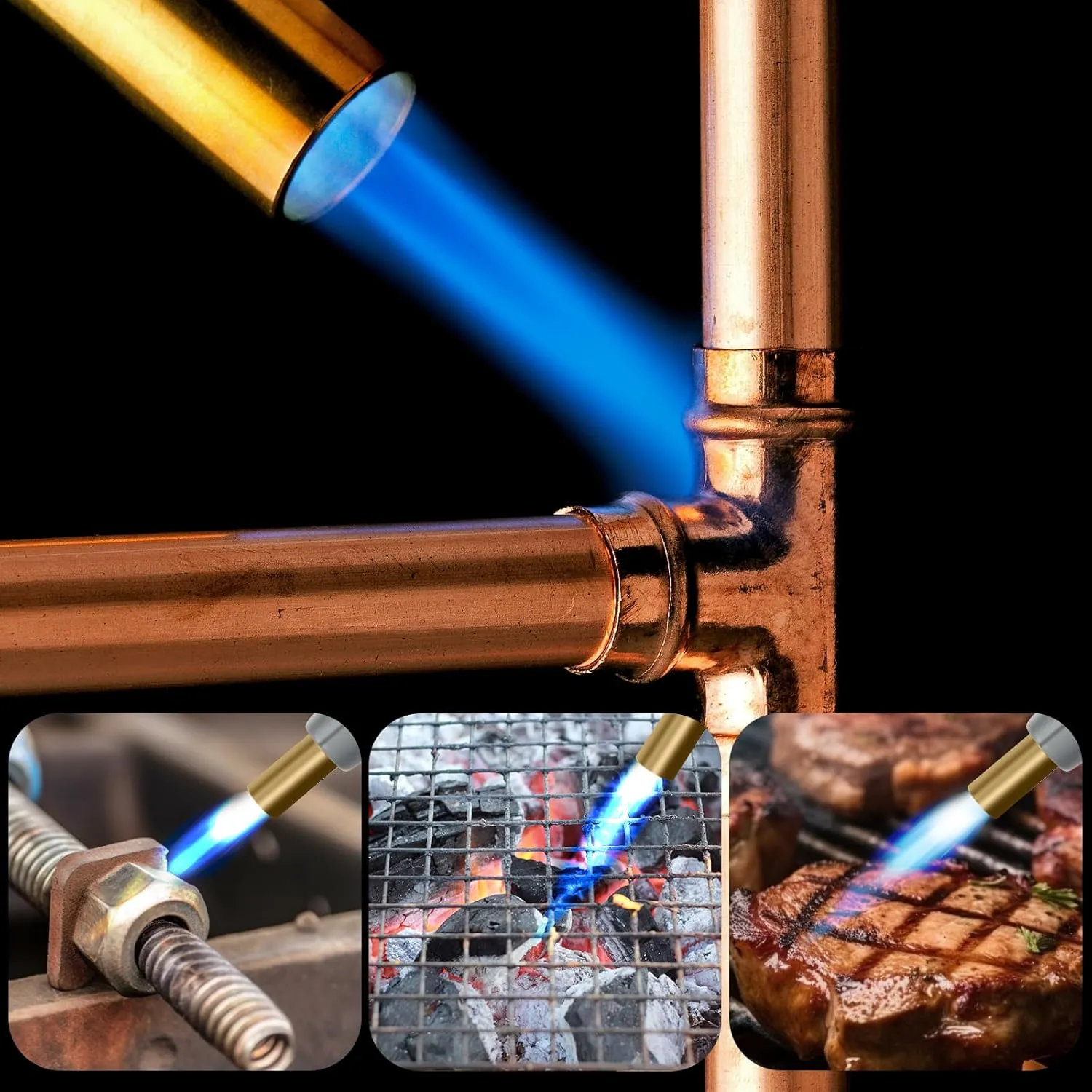 BLUEFIRE Powerful Propane Torch Head With Camping Gas, Trigger Start Mapp Gas Turbo Torch Map Gas Torch Kit with Adjust Flame, Grill Gun Torch for Soldering