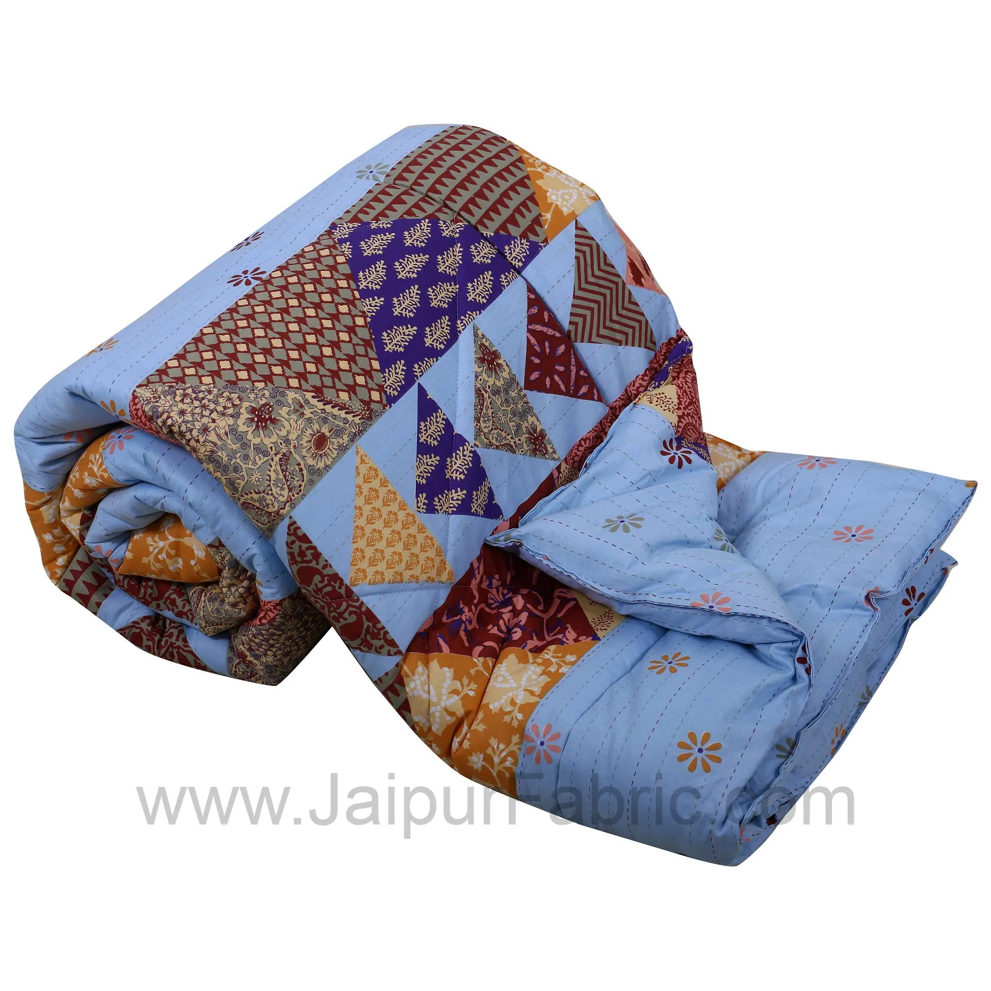 Blues Twill Cotton Single Bed With Colorful Patchwork Design Comforter