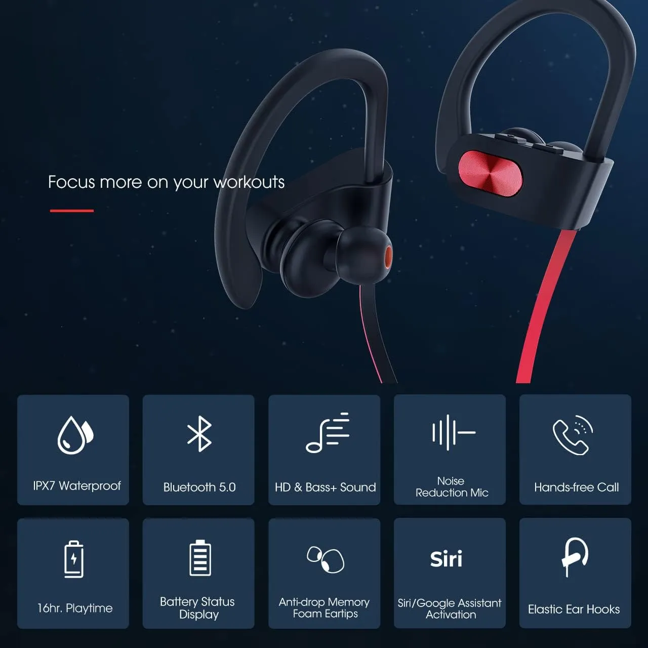 Bluetooth Headphones V5.0, Flame Running Headphones w/16 Hrs Playtime, Bass  HD Stereo Wireless Sports Earphones w/IPX7 Waterproof Earbuds in Ear for Workout, Gym w/CVC6.0 Noise Cancelling Mic Red