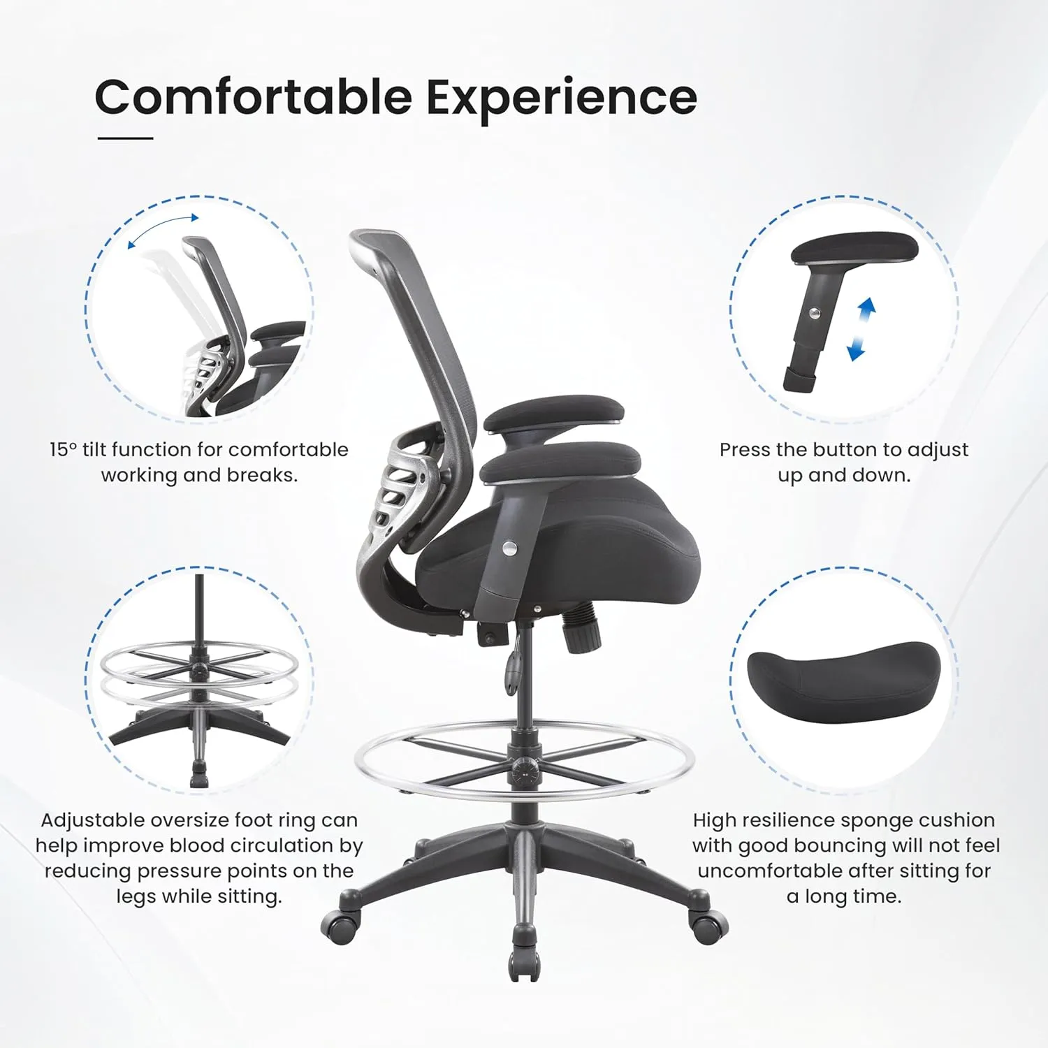 BOLISS 400lbs Mesh Ergonomic Office Drafting Chair Big Adjustable Foot Ring Height Adjustable Armrest (Black)