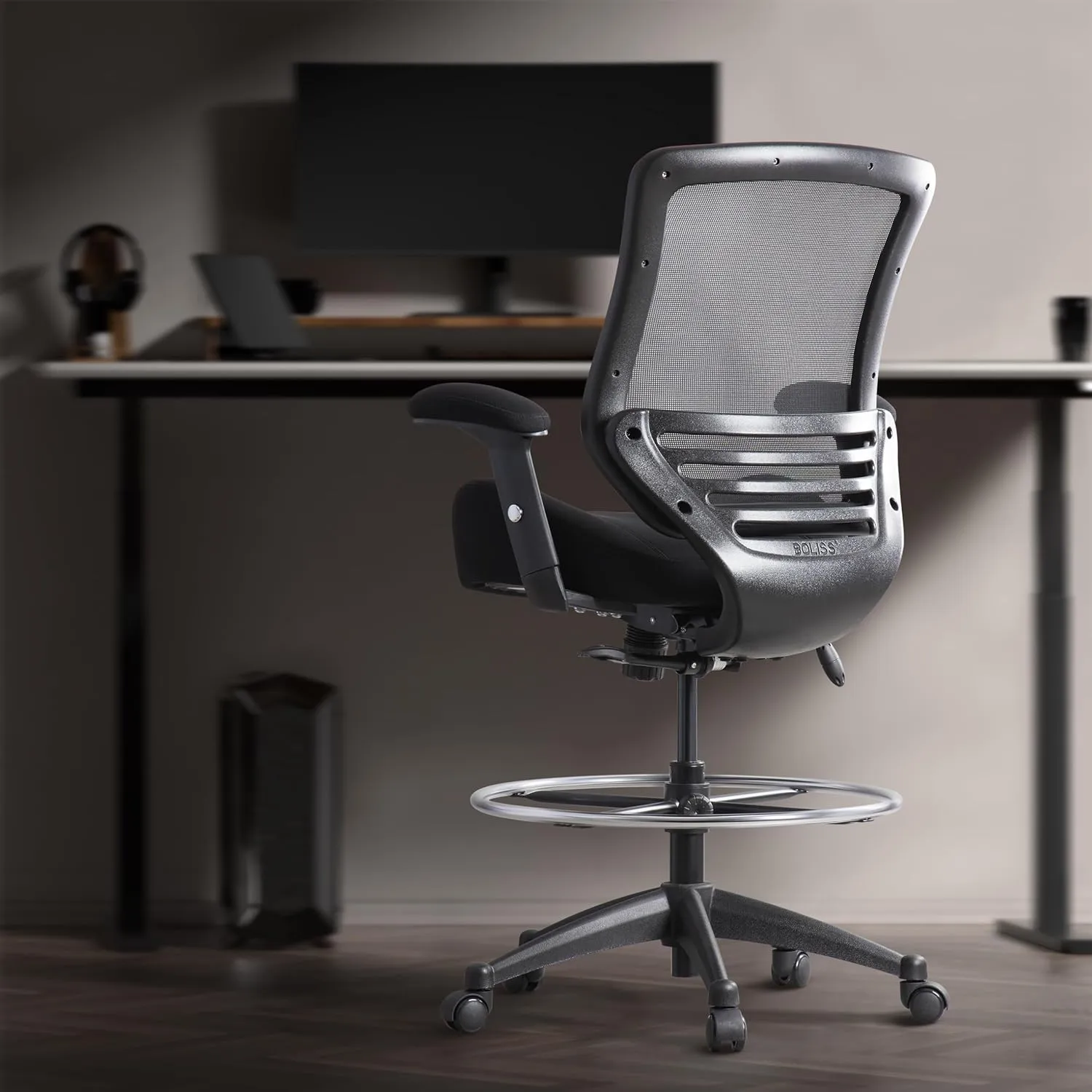BOLISS 400lbs Mesh Ergonomic Office Drafting Chair Big Adjustable Foot Ring Height Adjustable Armrest (Black)