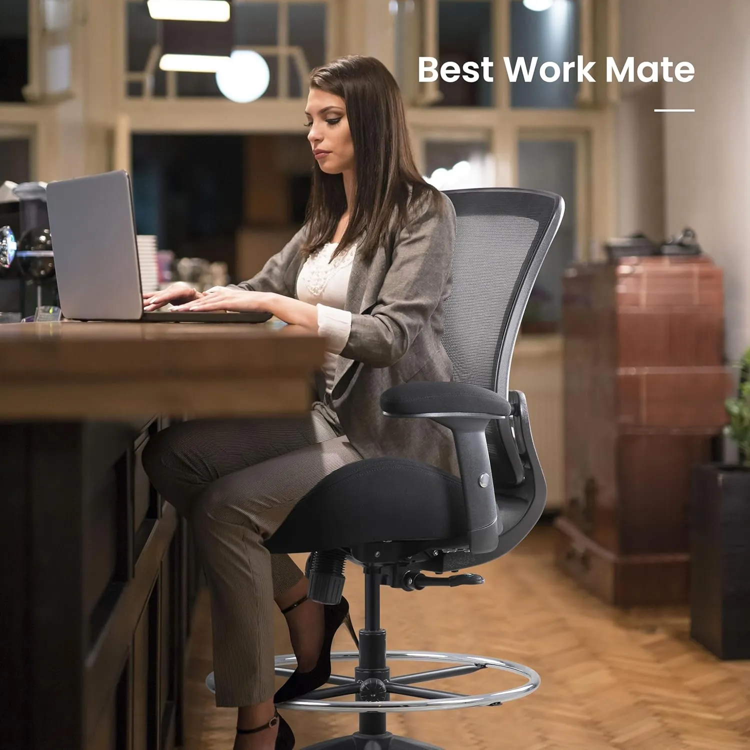 BOLISS 400lbs Mesh Ergonomic Office Drafting Chair Big Adjustable Foot Ring Height Adjustable Armrest (Black)