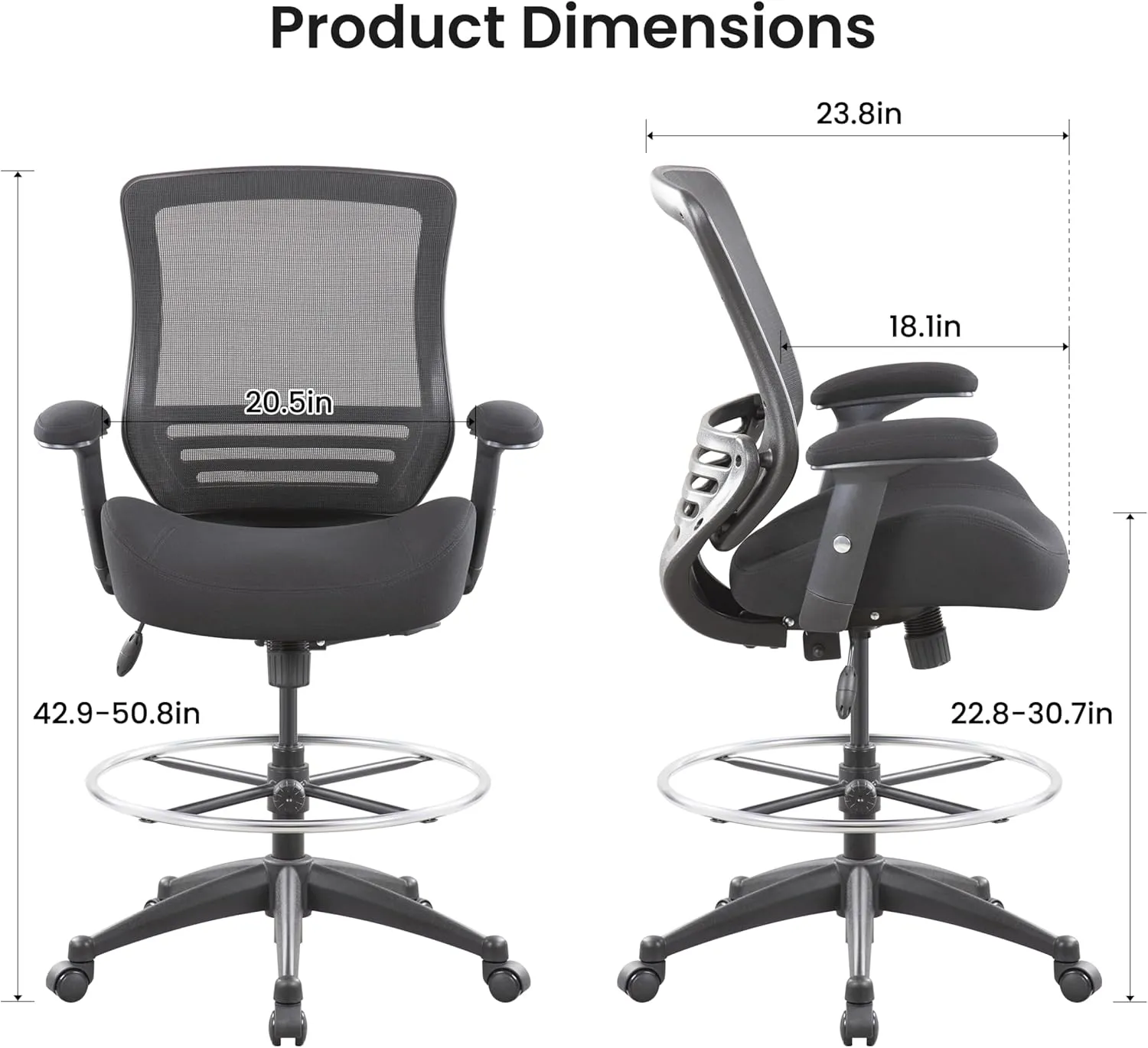 BOLISS 400lbs Mesh Ergonomic Office Drafting Chair Big Adjustable Foot Ring Height Adjustable Armrest (Black)