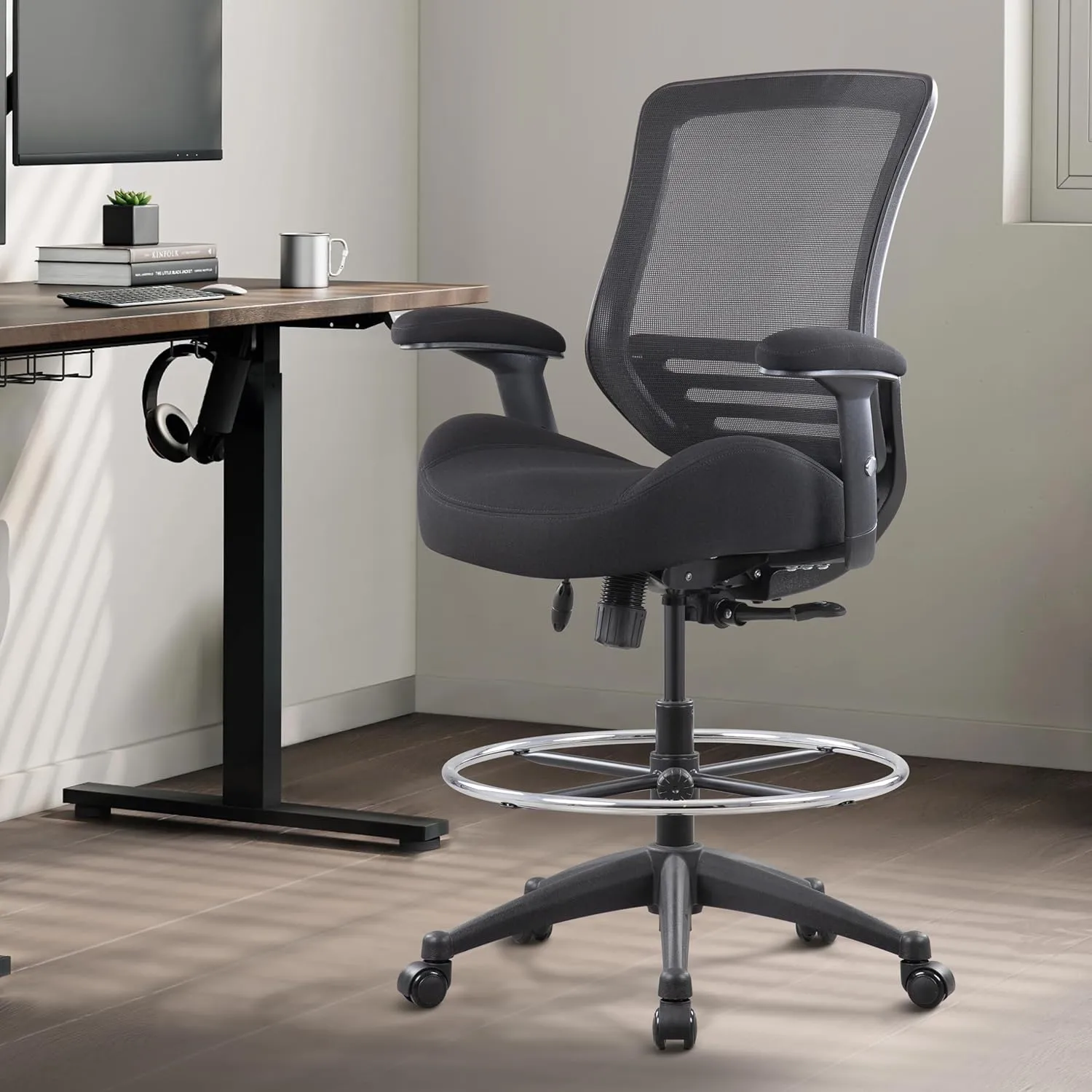 BOLISS 400lbs Mesh Ergonomic Office Drafting Chair Big Adjustable Foot Ring Height Adjustable Armrest (Black)
