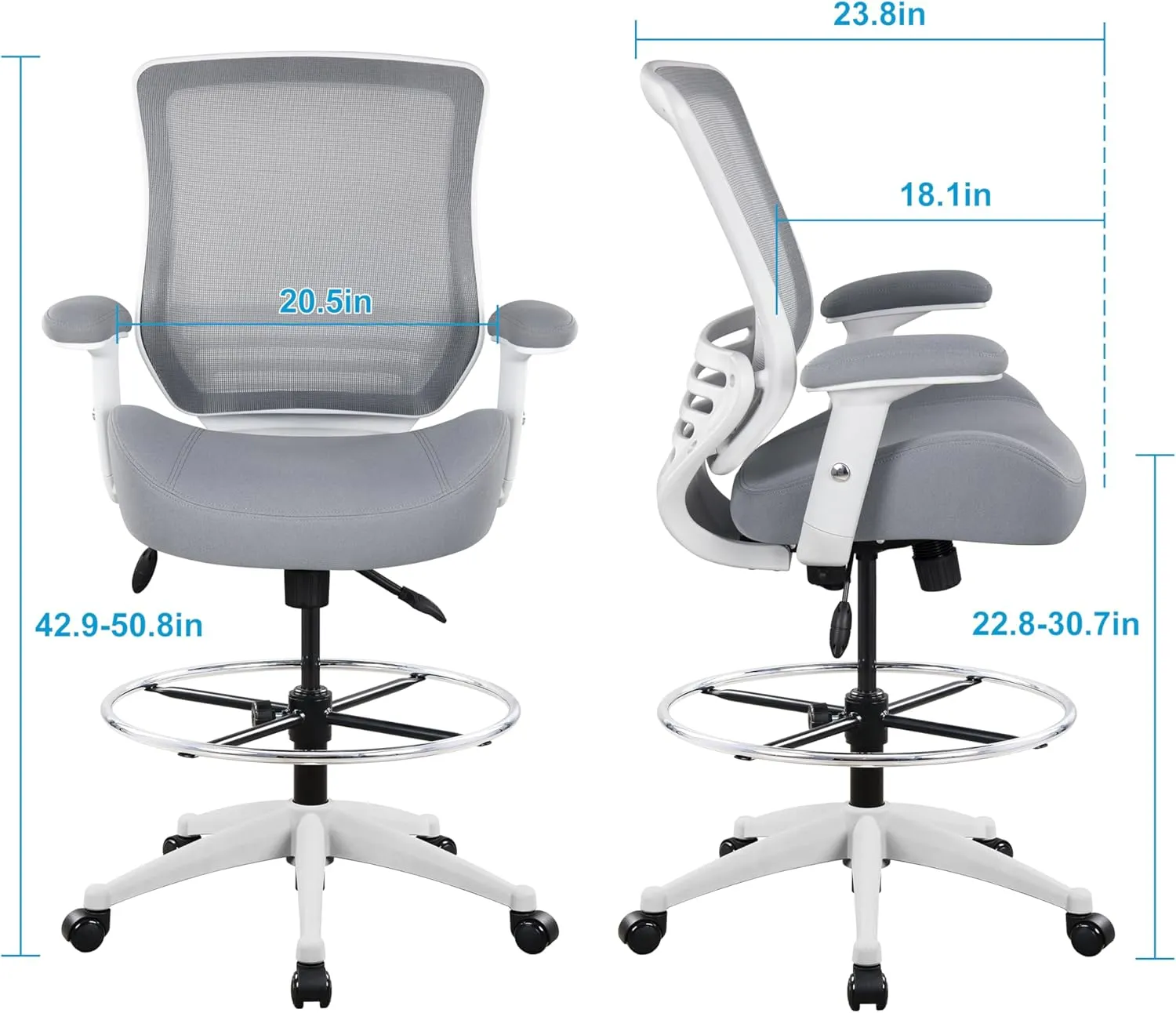 BOLISS 400lbs Mesh Ergonomic Office Drafting Chair Big Adjustable Foot Ring Height Adjustable Armrest (Grey)