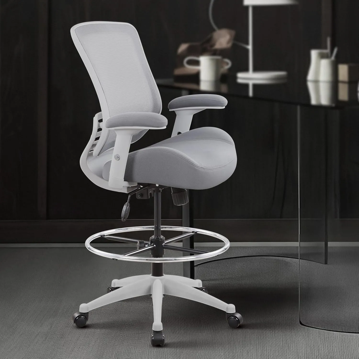BOLISS 400lbs Mesh Ergonomic Office Drafting Chair Big Adjustable Foot Ring Height Adjustable Armrest (Grey)