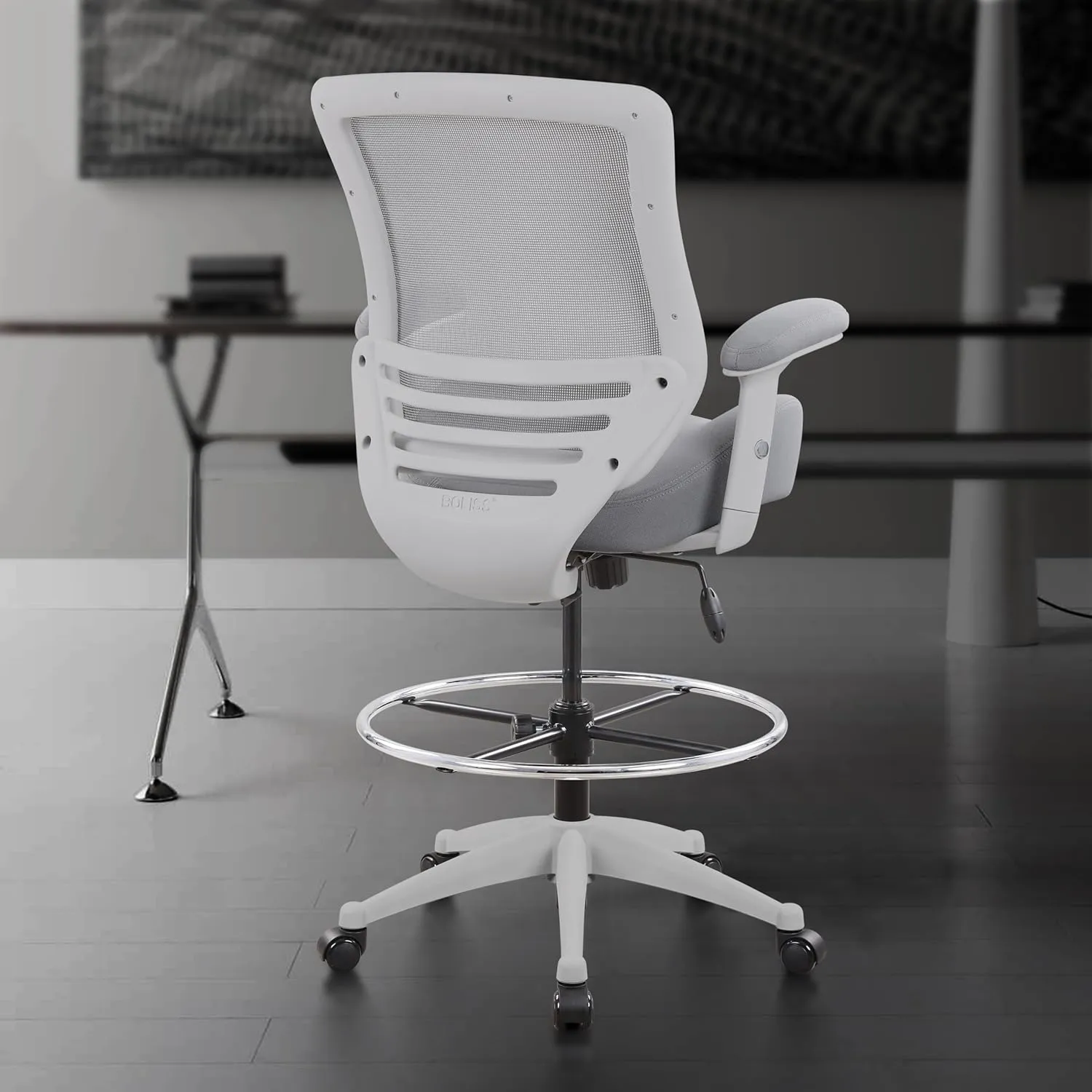 BOLISS 400lbs Mesh Ergonomic Office Drafting Chair Big Adjustable Foot Ring Height Adjustable Armrest (Grey)