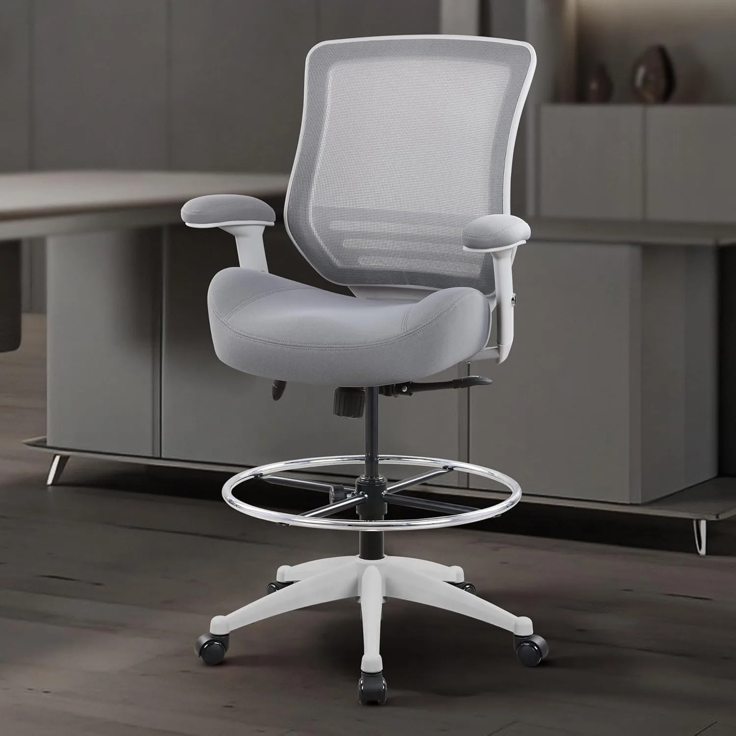 BOLISS 400lbs Mesh Ergonomic Office Drafting Chair Big Adjustable Foot Ring Height Adjustable Armrest (Grey)