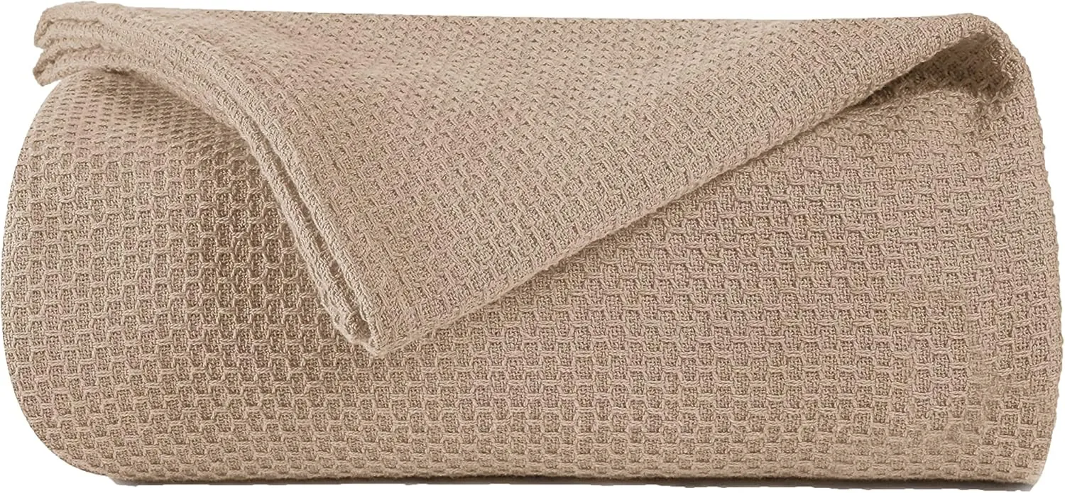 BOUTIQUO 100% Cotton Bed Blanket, Breathable Thermal Blanket Twin Size, Soft Honeycomb Waffle Blanket 60"x90", Cotton Bed Blanket, Perfect for Layering Any Bed for All Season, Beige