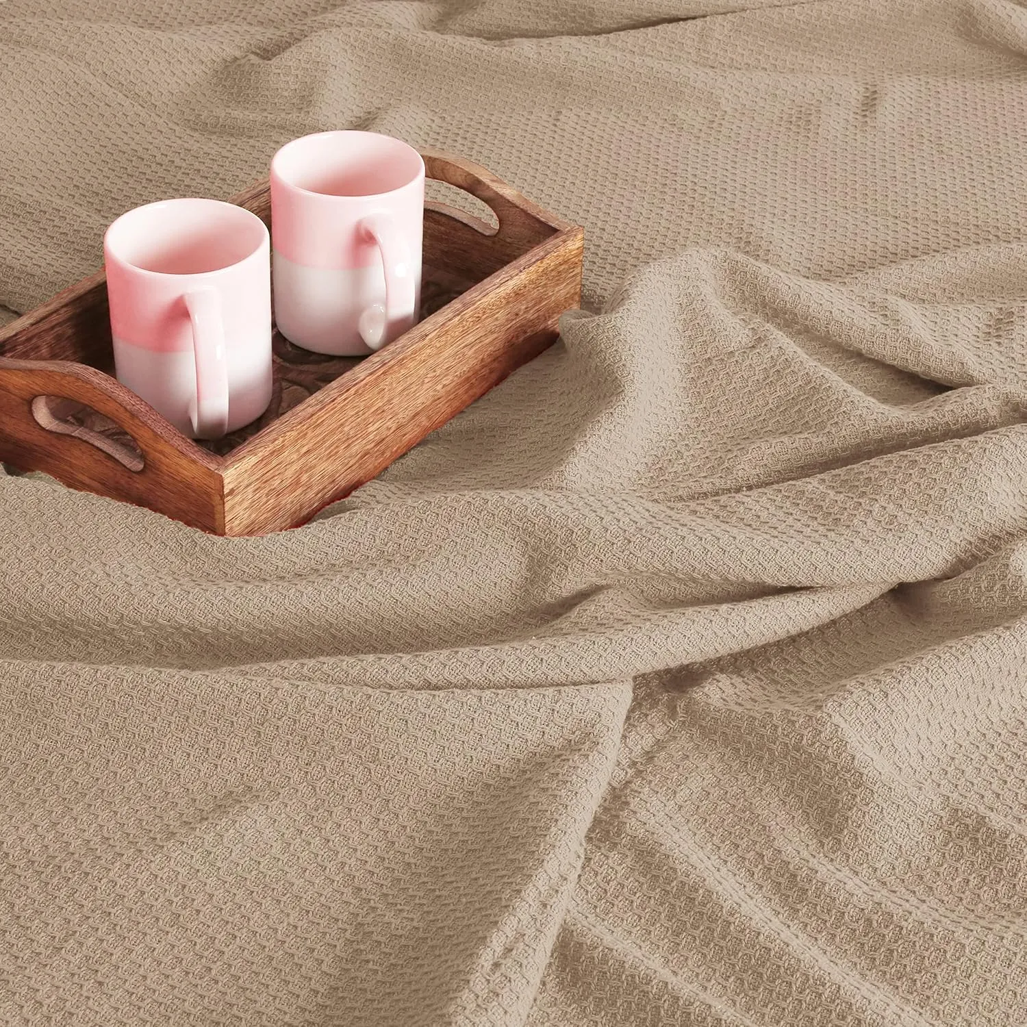 BOUTIQUO 100% Cotton Bed Blanket, Breathable Thermal Blanket Twin Size, Soft Honeycomb Waffle Blanket 60"x90", Cotton Bed Blanket, Perfect for Layering Any Bed for All Season, Beige