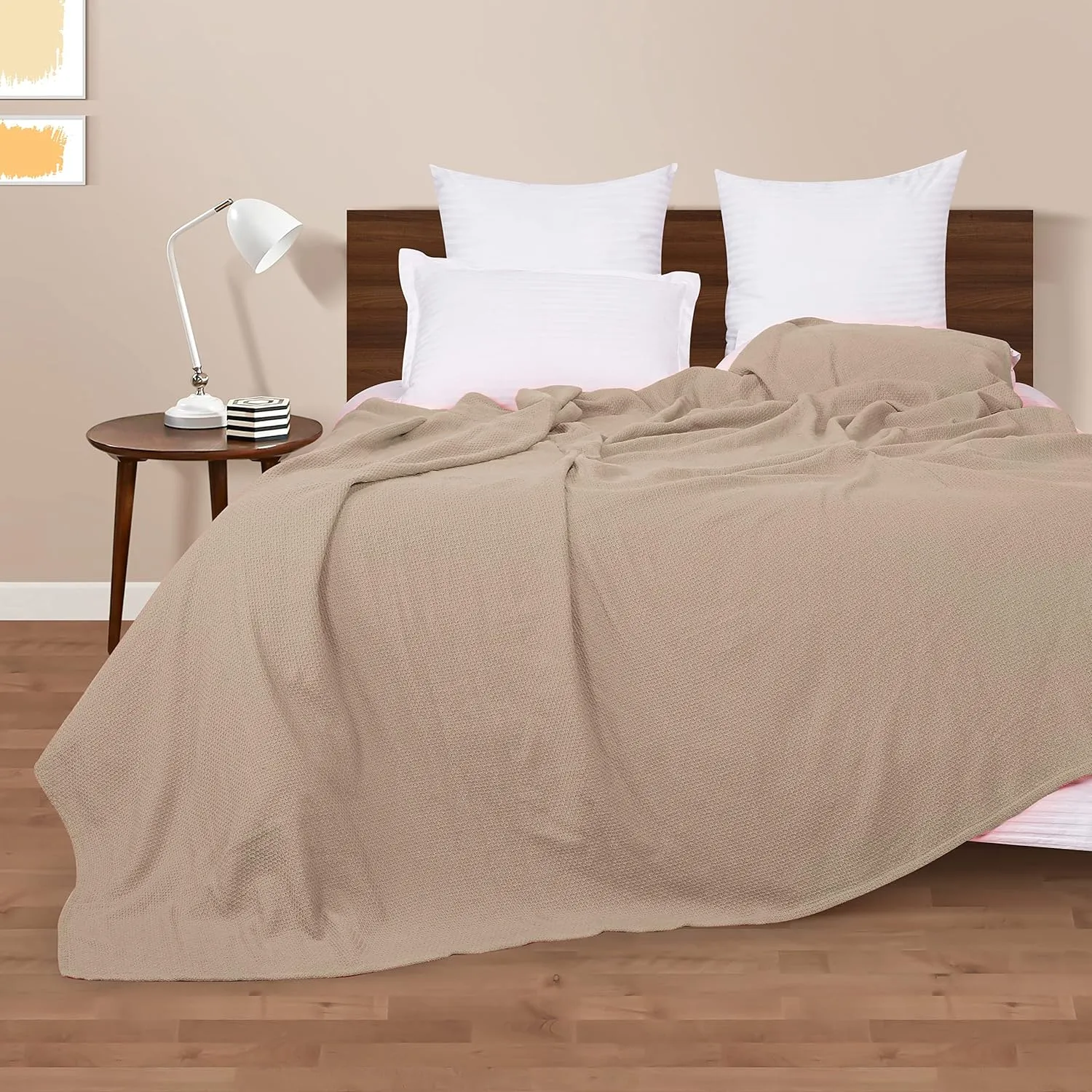 BOUTIQUO 100% Cotton Bed Blanket, Breathable Thermal Blanket Twin Size, Soft Honeycomb Waffle Blanket 60"x90", Cotton Bed Blanket, Perfect for Layering Any Bed for All Season, Beige