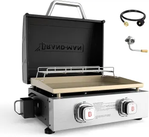 Brand-Man 2 Burner Portable Propane Griddle with Hood, 18,000 BTU Tabletop Flat Top Gas Grill with Warming Rack & Regulator for Outdoor Cooking, Camping BBQ, Tailgating Picnicking