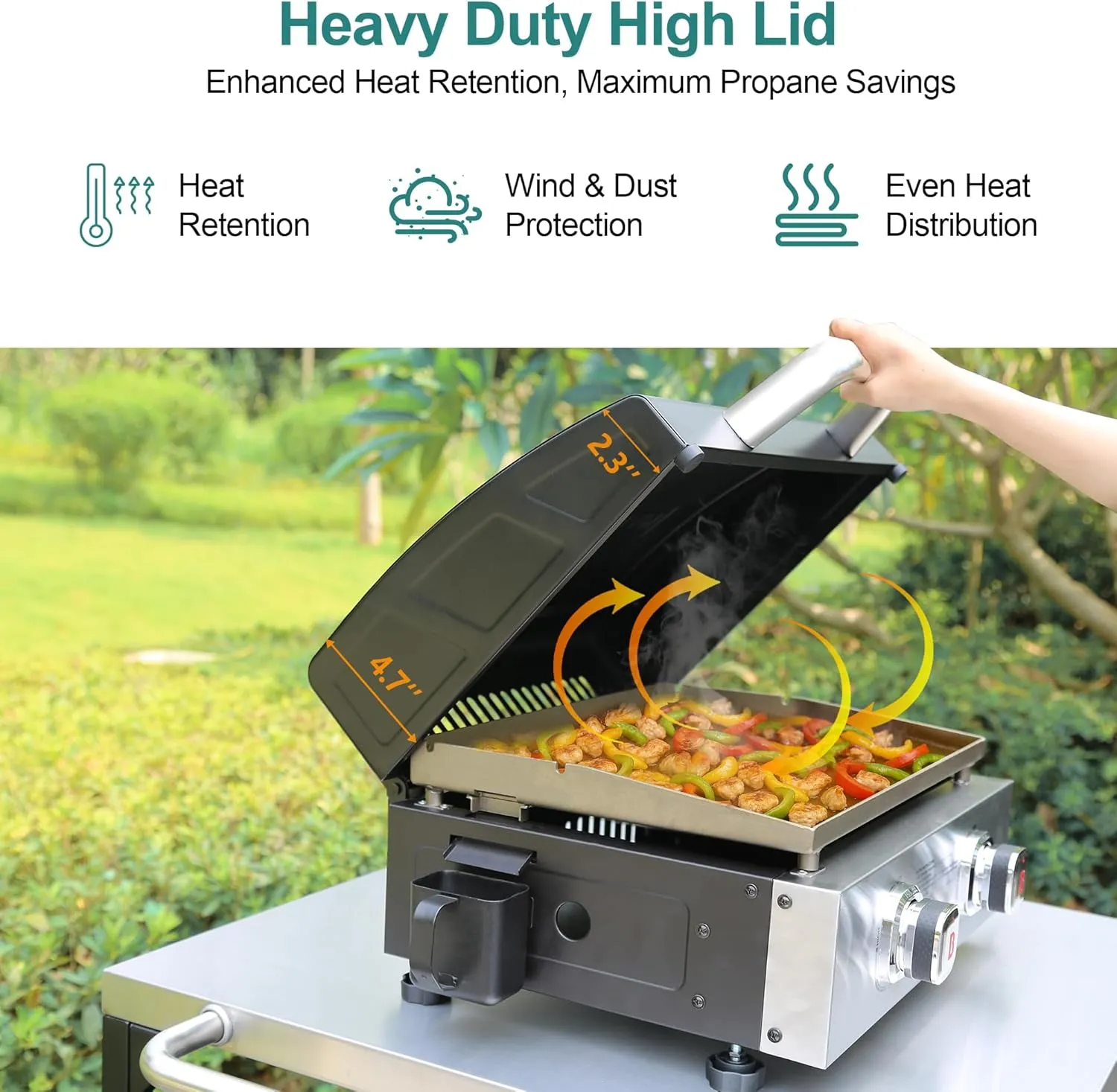 Brand-Man 2 Burner Portable Propane Griddle with Hood, 18,000 BTU Tabletop Flat Top Gas Grill with Warming Rack & Regulator for Outdoor Cooking, Camping BBQ, Tailgating Picnicking