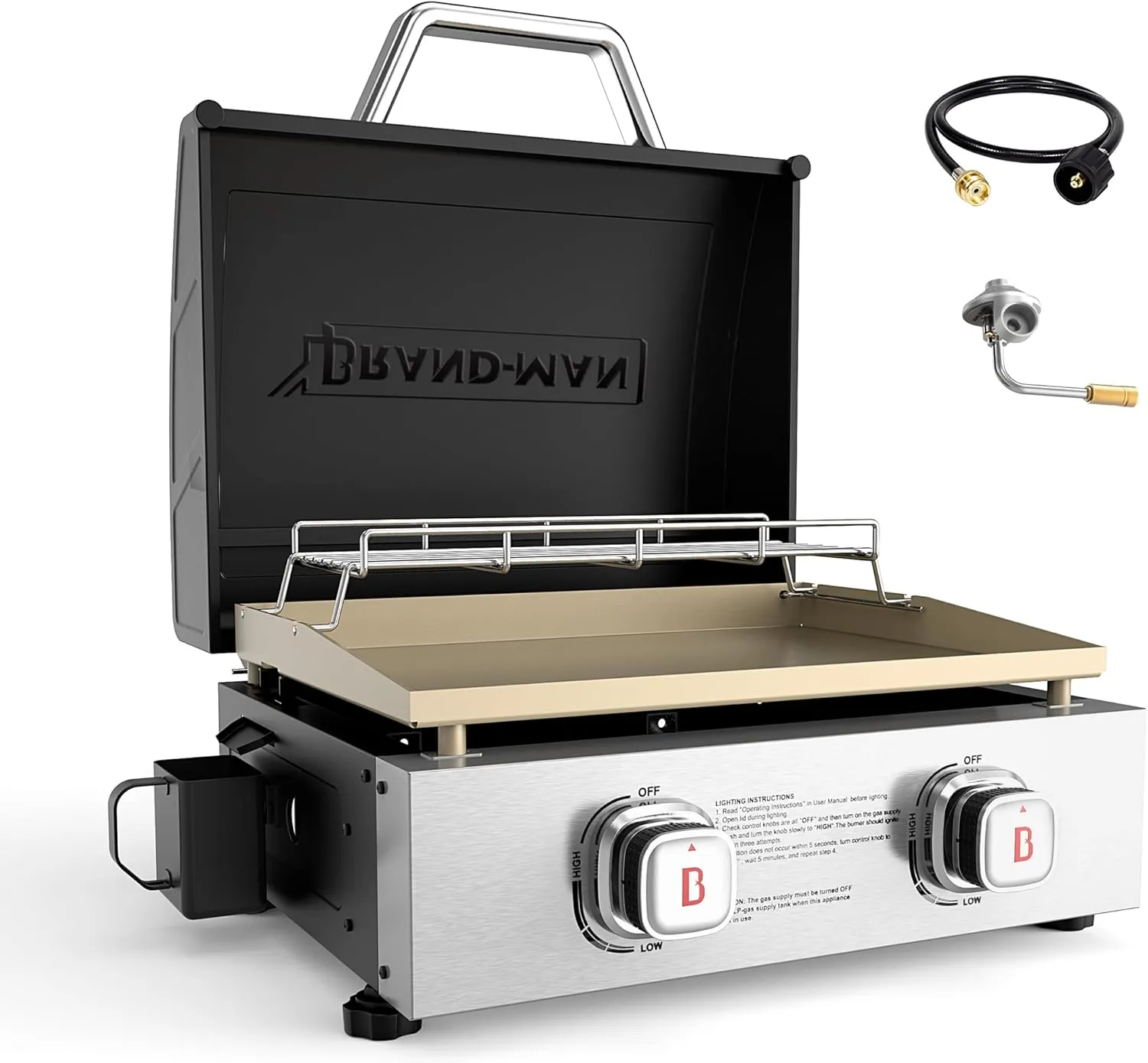 Brand-Man 2 Burner Portable Propane Griddle with Hood, 18,000 BTU Tabletop Flat Top Gas Grill with Warming Rack & Regulator for Outdoor Cooking, Camping BBQ, Tailgating Picnicking
