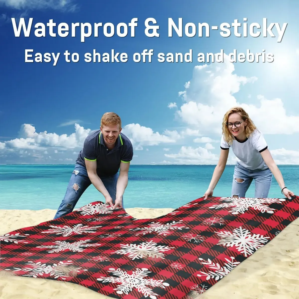Buffalo Check Plaid Beach Blanket, Sandproof Beach Mat, 68 x 59 Waterproof Quick Drying Sand Free Mat with 4 x Ground Spikes for Outdoor Travel Camping Hiking, Christmas Snowflake