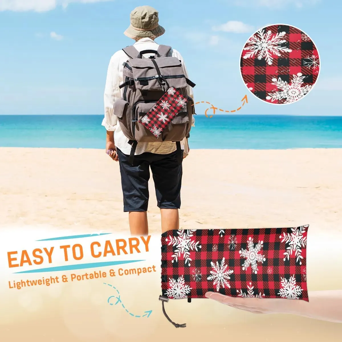 Buffalo Check Plaid Beach Blanket, Sandproof Beach Mat, 68 x 59 Waterproof Quick Drying Sand Free Mat with 4 x Ground Spikes for Outdoor Travel Camping Hiking, Christmas Snowflake