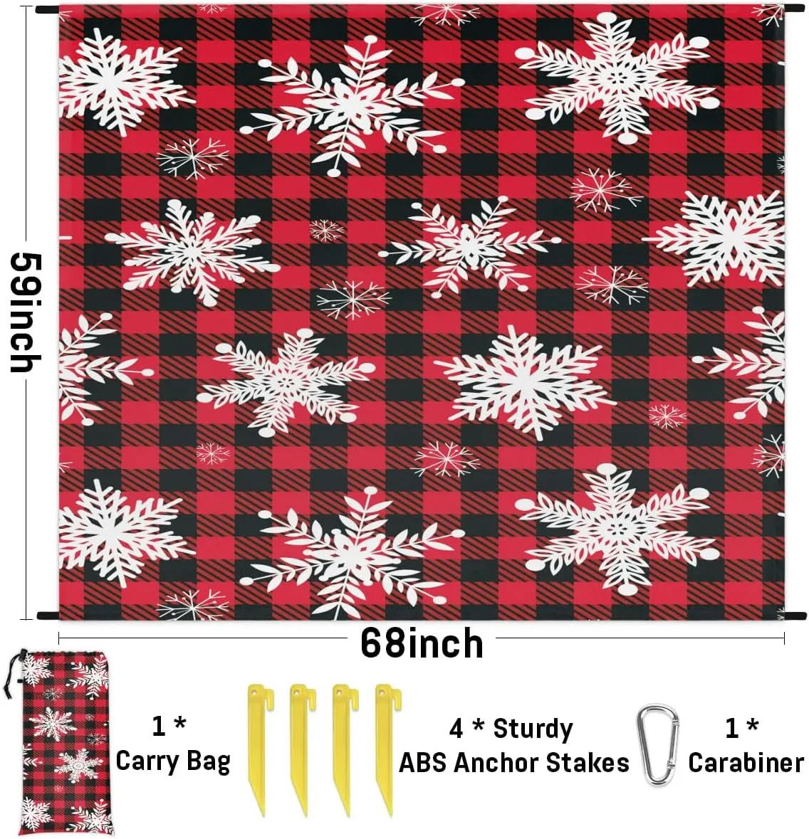 Buffalo Check Plaid Beach Blanket, Sandproof Beach Mat, 68 x 59 Waterproof Quick Drying Sand Free Mat with 4 x Ground Spikes for Outdoor Travel Camping Hiking, Christmas Snowflake