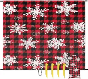 Buffalo Check Plaid Beach Blanket, Sandproof Beach Mat, 68 x 59 Waterproof Quick Drying Sand Free Mat with 4 x Ground Spikes for Outdoor Travel Camping Hiking, Christmas Snowflake