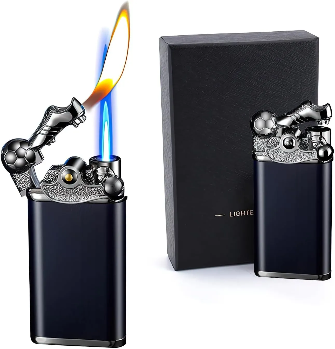 Butane Torch Lighter - Double Flame Lighter, Football Shape Rocker Lighter, Refillable Adjustable Jet Flame Torch Lighters for Candle Camping BBQ Kitchen, Men Gift Not Included Butane Gas (Black)