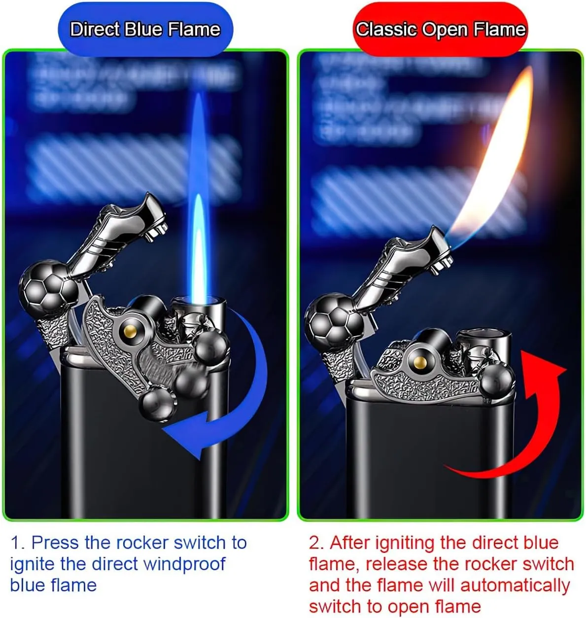 Butane Torch Lighter - Double Flame Lighter, Football Shape Rocker Lighter, Refillable Adjustable Jet Flame Torch Lighters for Candle Camping BBQ Kitchen, Men Gift Not Included Butane Gas (Black)