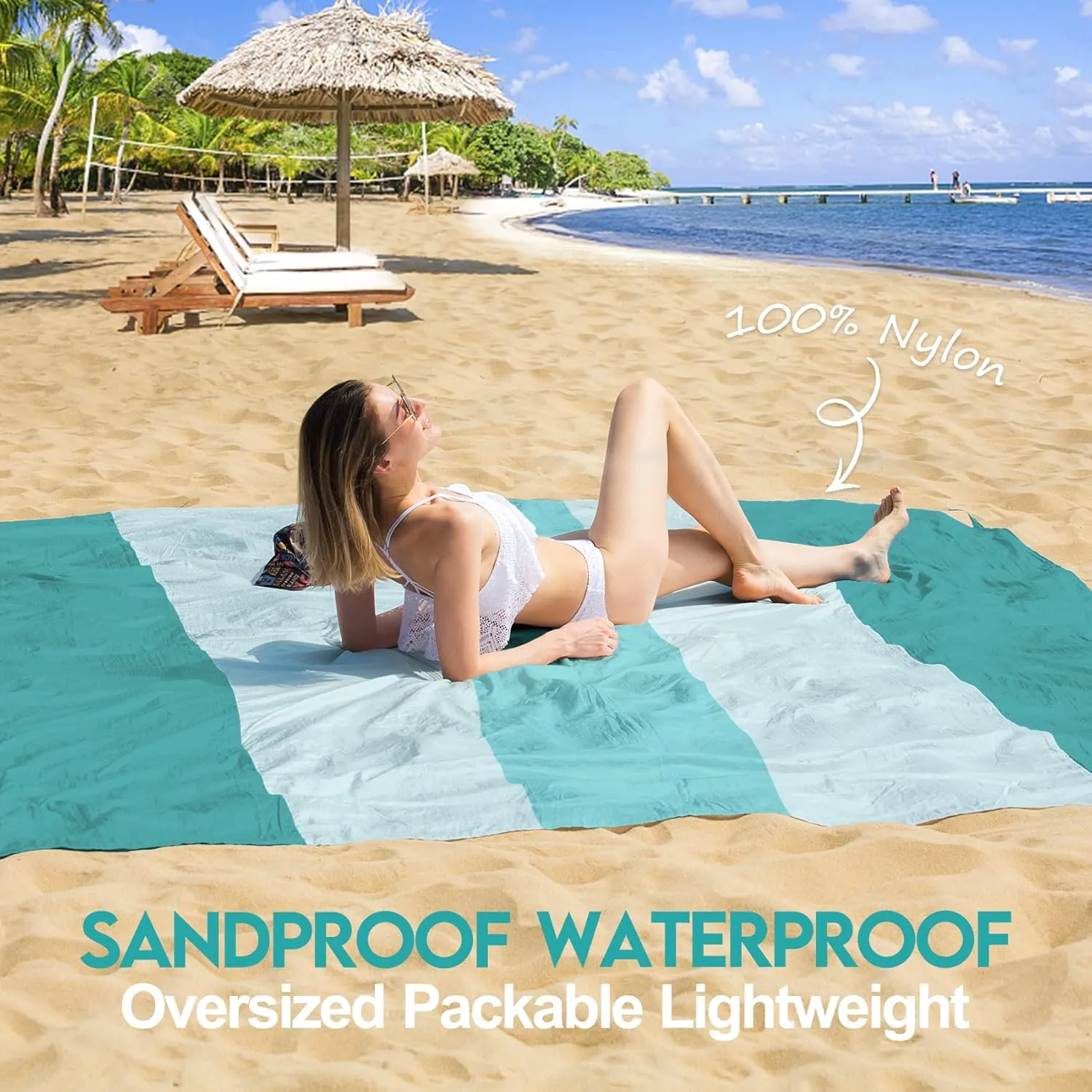 BYDOLL Nylon Beach Blanket Waterproof Sandproof Oversized 7'x7' Suits 1-5 Adults Sand Free Extra Large Blanket Lightweight Soft Picnic Mat for Beach Travel Camping