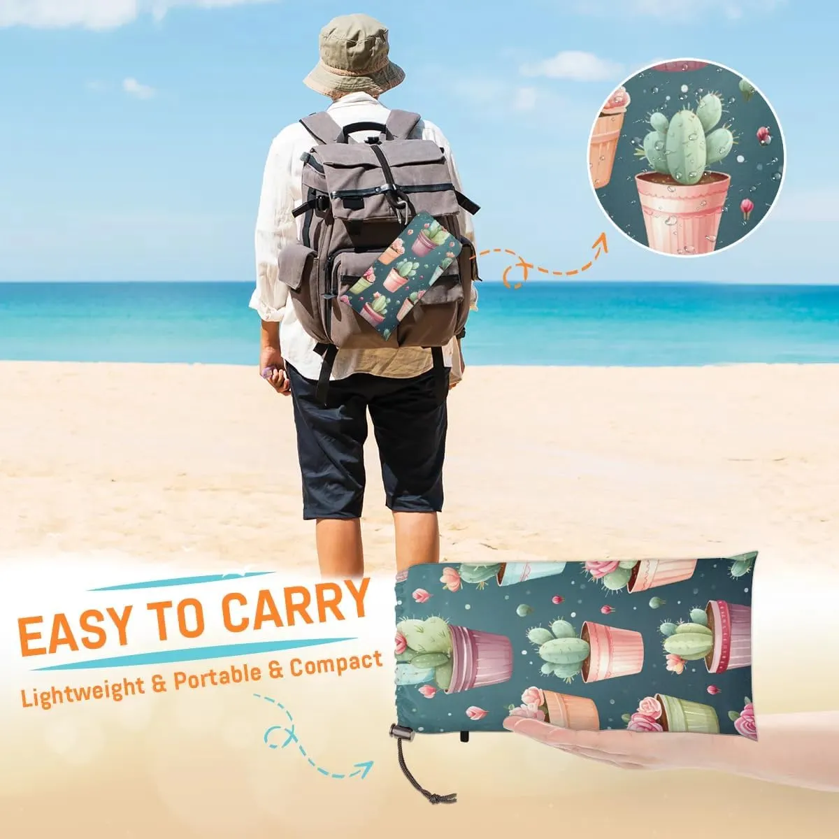 Cactus Roses Beach Blanket, Sandproof Beach Mat, 68 x 59 Waterproof Quick Drying Sand Free Mat with 4 x Ground Spikes for Outdoor Travel Camping Hiking, Cartoon Cactus Print