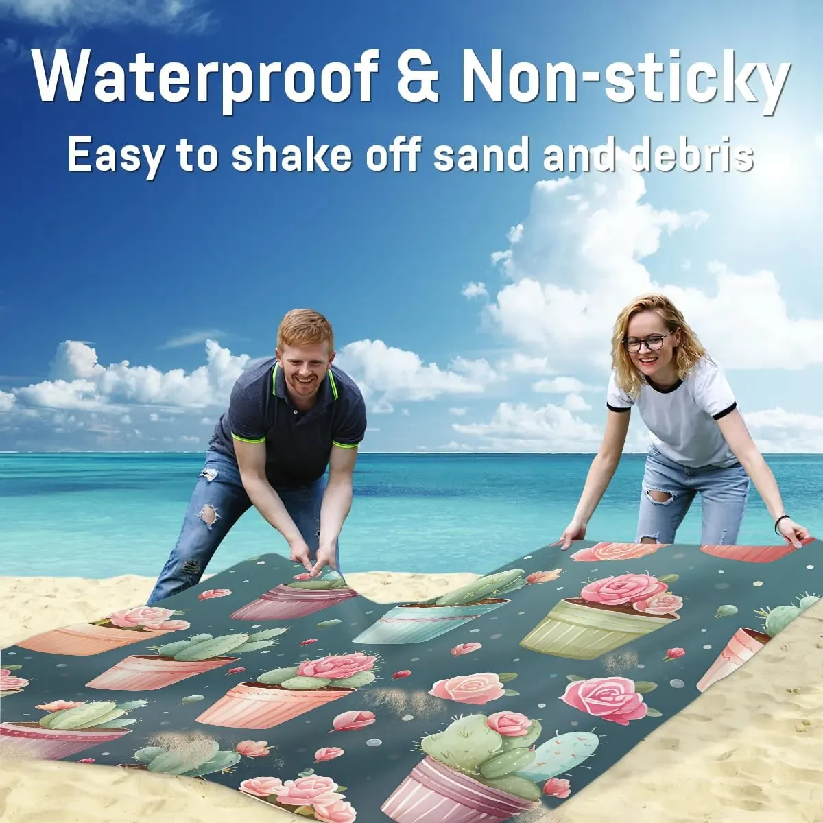 Cactus Roses Beach Blanket, Sandproof Beach Mat, 68 x 59 Waterproof Quick Drying Sand Free Mat with 4 x Ground Spikes for Outdoor Travel Camping Hiking, Cartoon Cactus Print