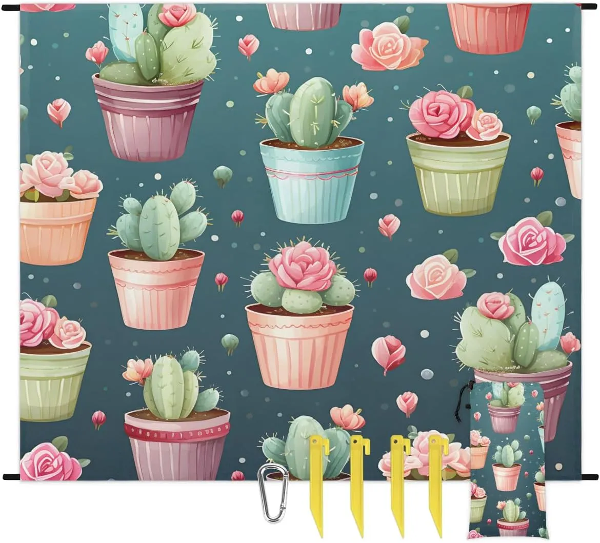 Cactus Roses Beach Blanket, Sandproof Beach Mat, 68 x 59 Waterproof Quick Drying Sand Free Mat with 4 x Ground Spikes for Outdoor Travel Camping Hiking, Cartoon Cactus Print