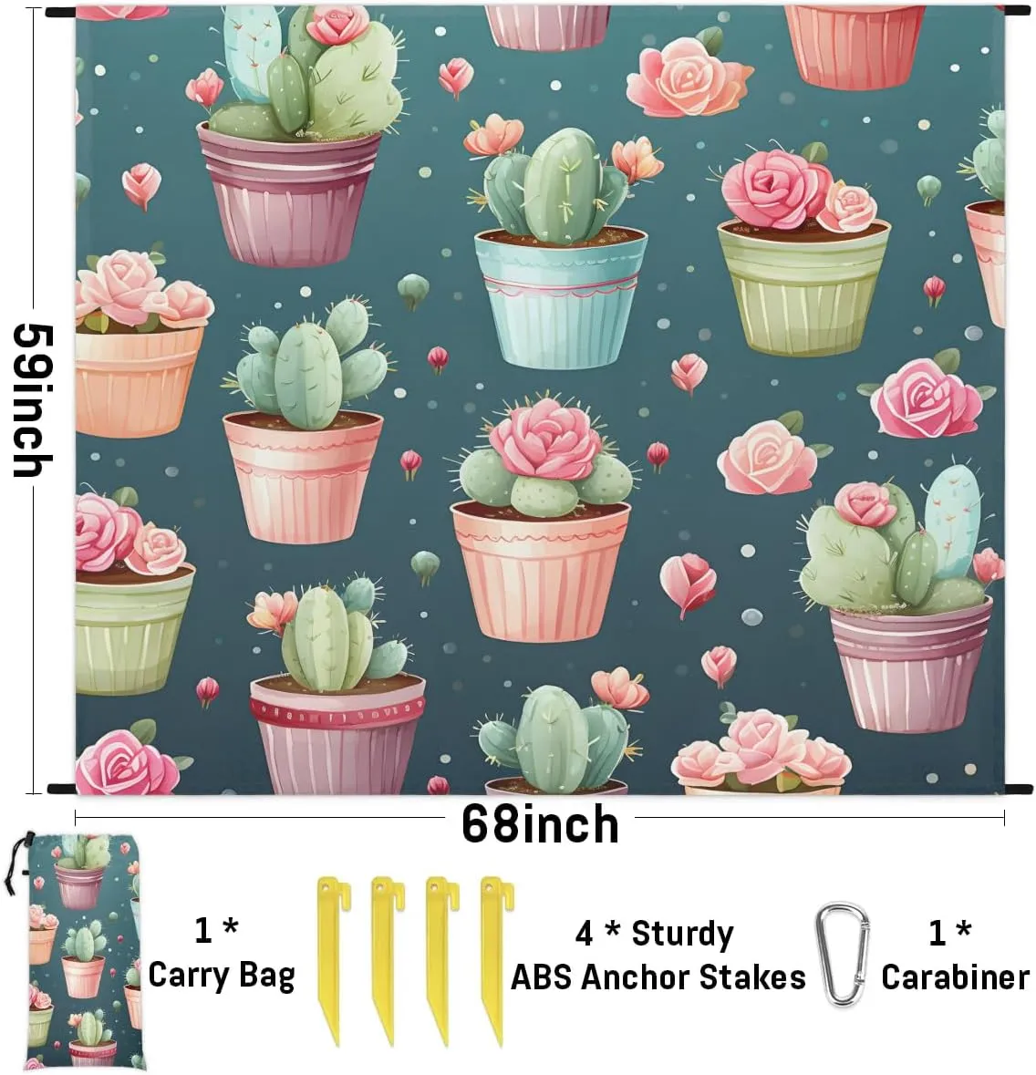 Cactus Roses Beach Blanket, Sandproof Beach Mat, 68 x 59 Waterproof Quick Drying Sand Free Mat with 4 x Ground Spikes for Outdoor Travel Camping Hiking, Cartoon Cactus Print