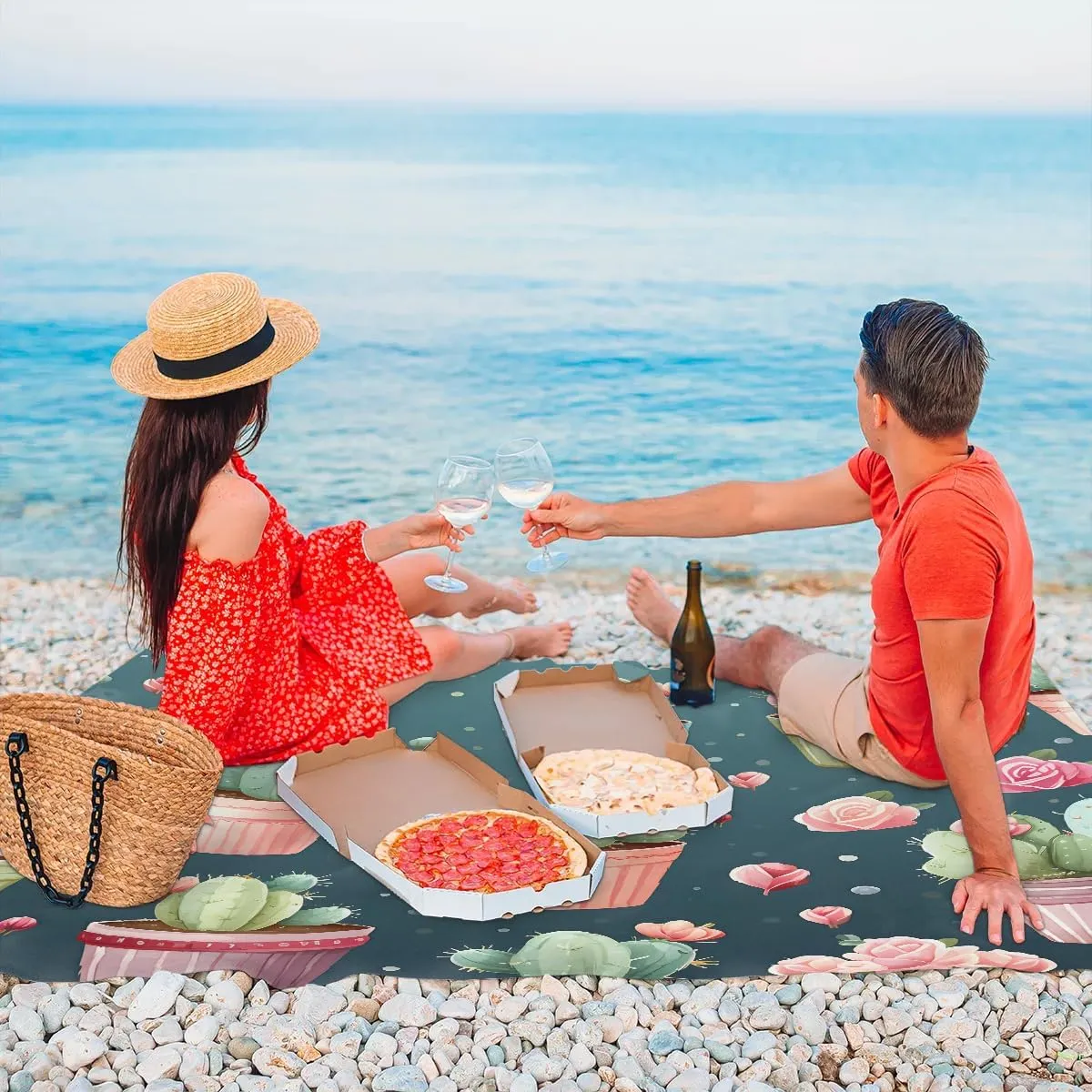Cactus Roses Beach Blanket, Sandproof Beach Mat, 68 x 59 Waterproof Quick Drying Sand Free Mat with 4 x Ground Spikes for Outdoor Travel Camping Hiking, Cartoon Cactus Print