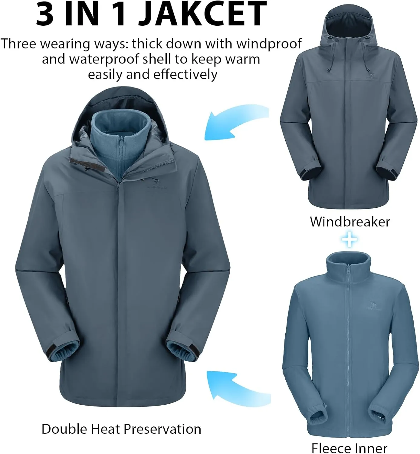 CAMEL CROWN Men's Winter Ski Jacket 3 in 1 Mountain Snow Waterproof Coat Warm Snowboard Jacket with Hooded