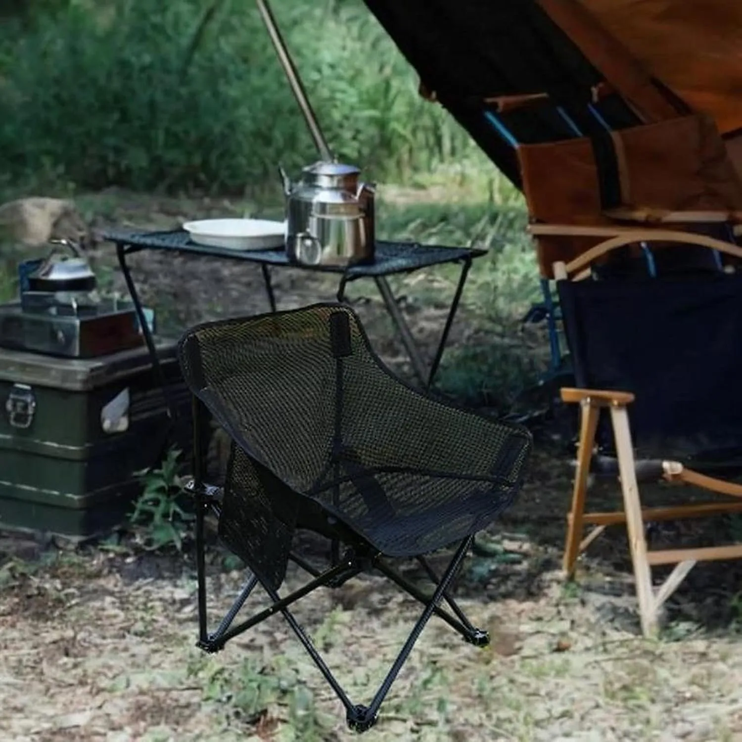 Camping Chair Folding Chair Breathable Outdoor Furniture Stable with Storage Bag for Adults for Travel BBQ Garden Backpacking, Black