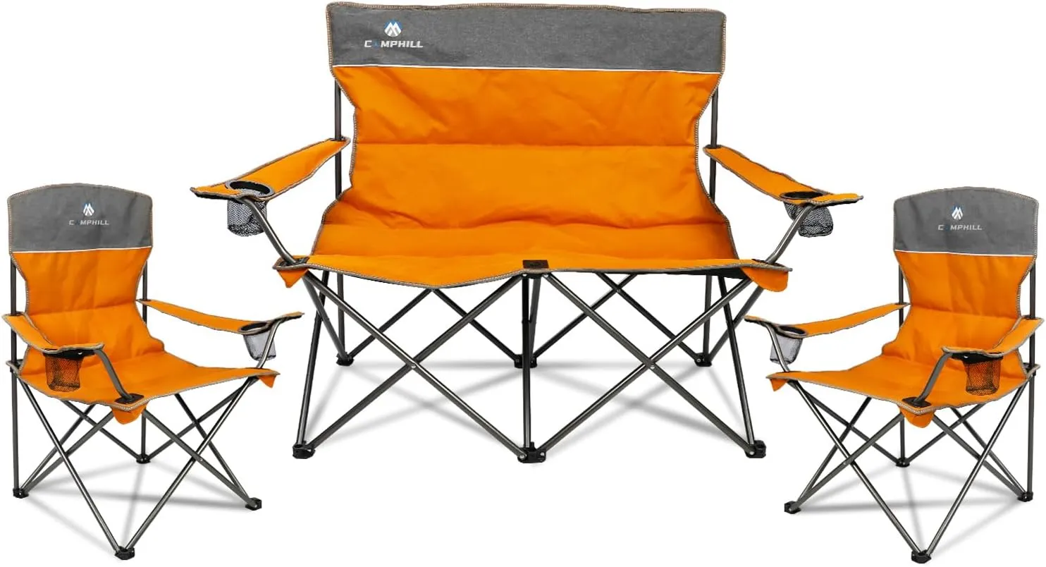 Camping Chair Set of 3, Outdoor Folding Camping Chairs for Heavy People with Cup Holder & Carry Bag,Collapsible Chair Include One Sofa Chair and Two Single Chair,Support up to 500lbs