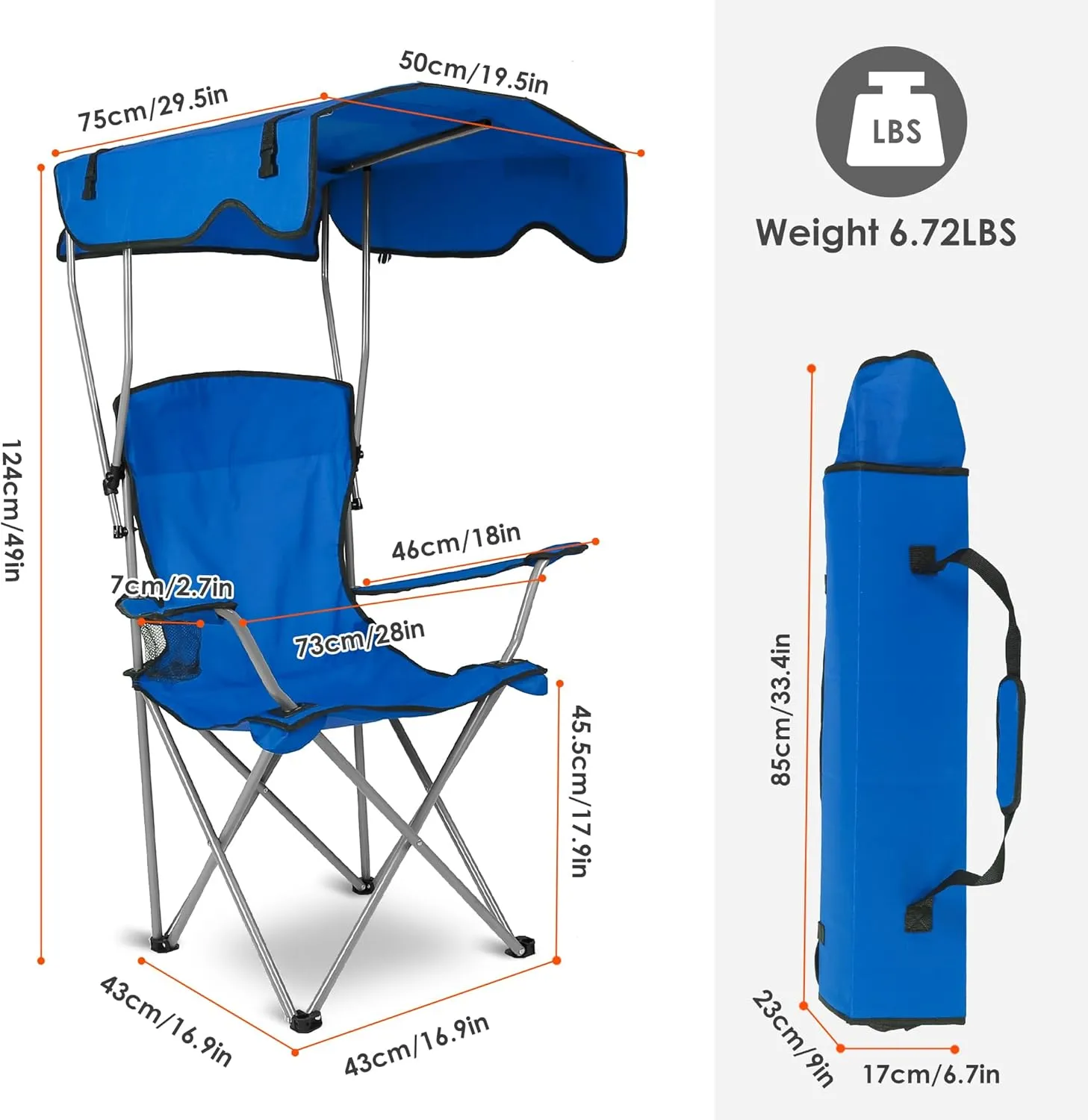 Camping Chair with Canopy - Heavy Duty Max Shade Oversized Folding Chair with Cup Holder, Sun Protection Portable Outdoor Lounge for Beach, Fishing, Sports, Backyard (Blue)
