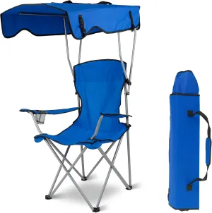 Camping Chair with Canopy - Heavy Duty Max Shade Oversized Folding Chair with Cup Holder, Sun Protection Portable Outdoor Lounge for Beach, Fishing, Sports, Backyard (Blue)