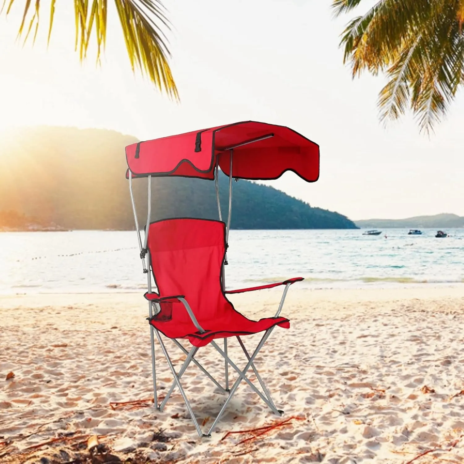 Camping Chair with Canopy, Outdoor Folding Chair with Adjustable Shade & Cup Holder, Heavy Duty Beach Chair for Adult Portable Camping Recliner Support 330 LBS