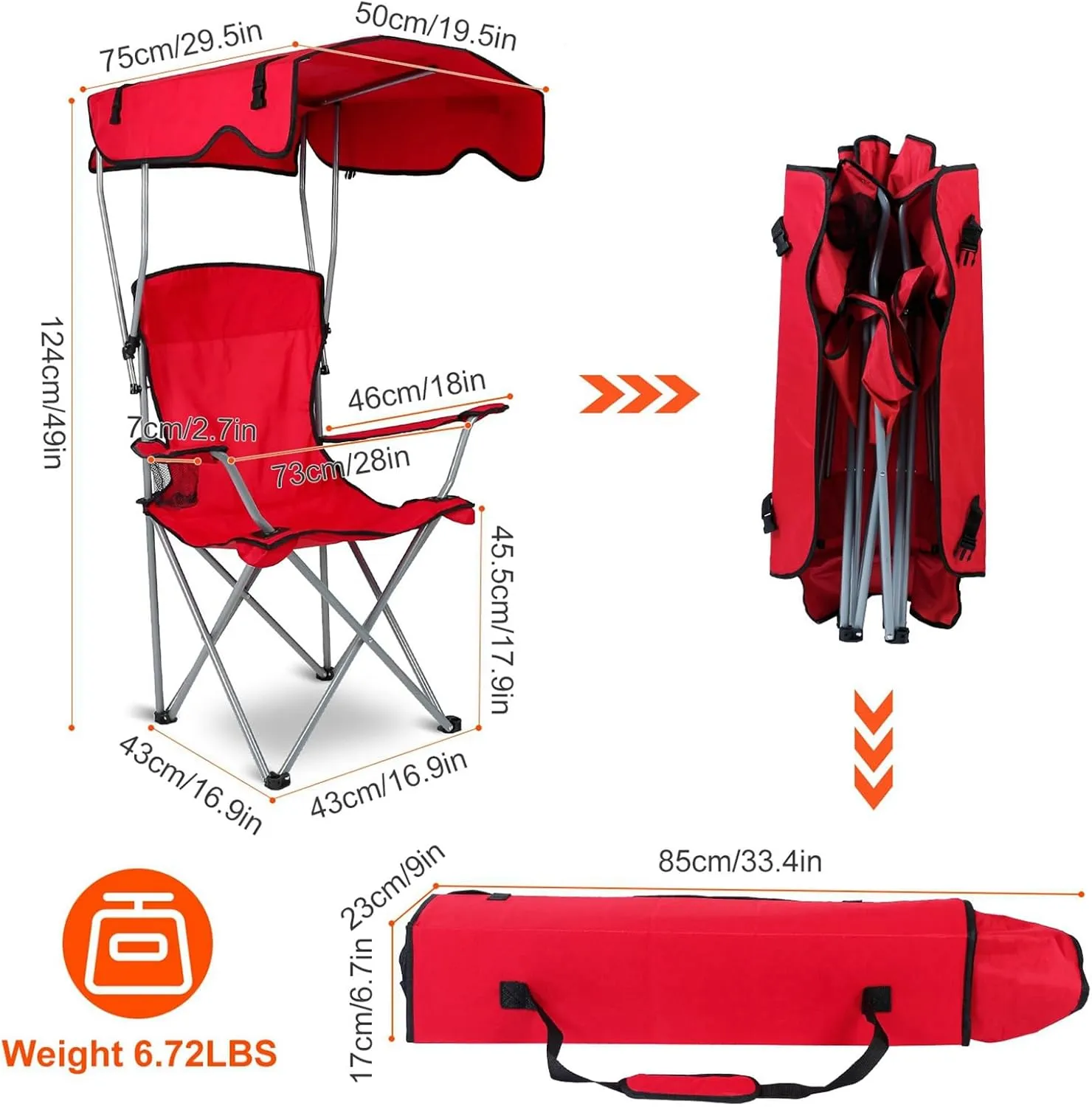 Camping Chair with Canopy, Outdoor Folding Chair with Adjustable Shade & Cup Holder, Heavy Duty Beach Chair for Adult Portable Camping Recliner Support 330 LBS
